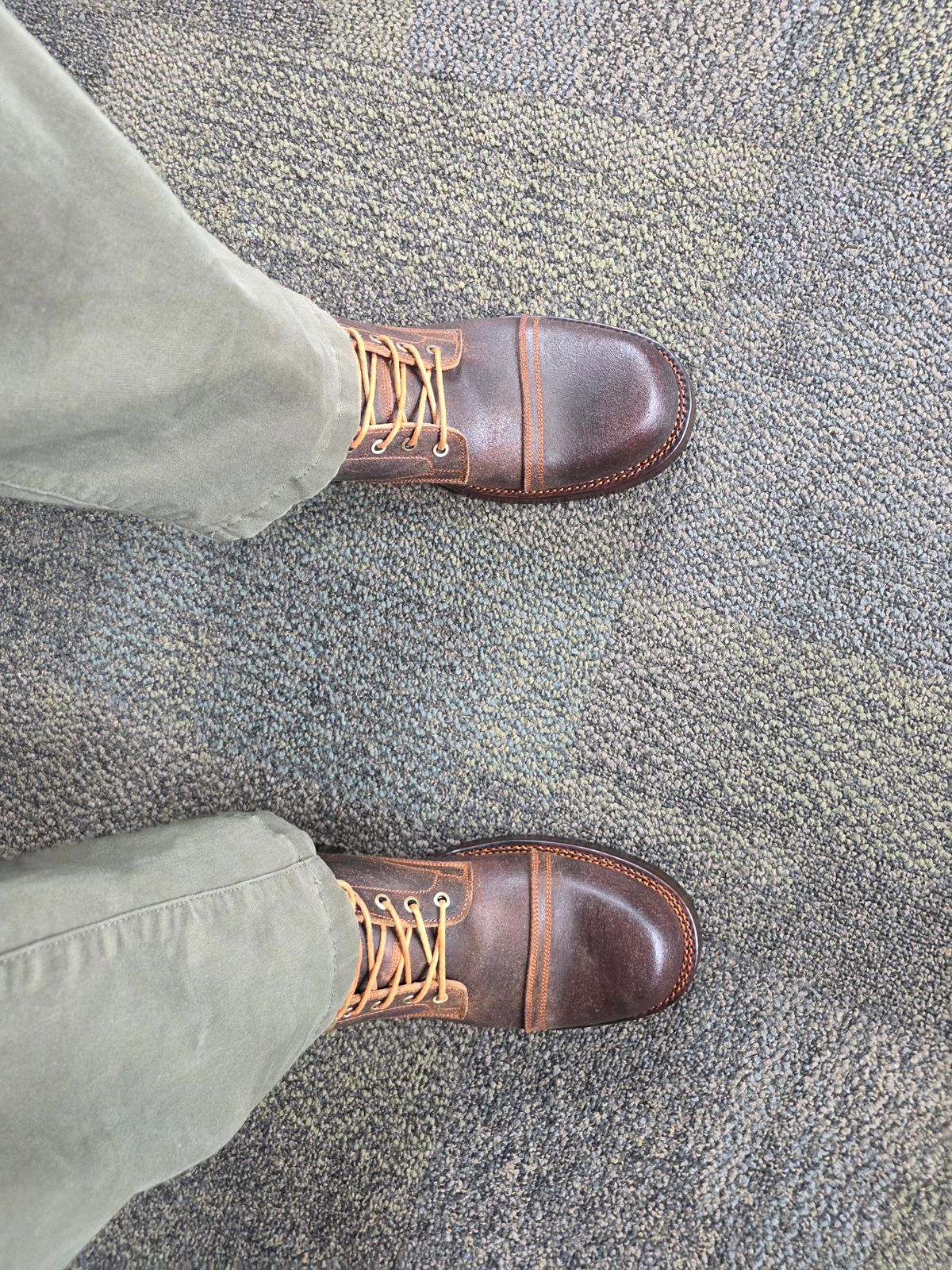 Photo by bluedevilish on August 28, 2025 of the Prof Barnets Bulky Cap Toe Boots in Horween Dark Brown Waxed Flesh.