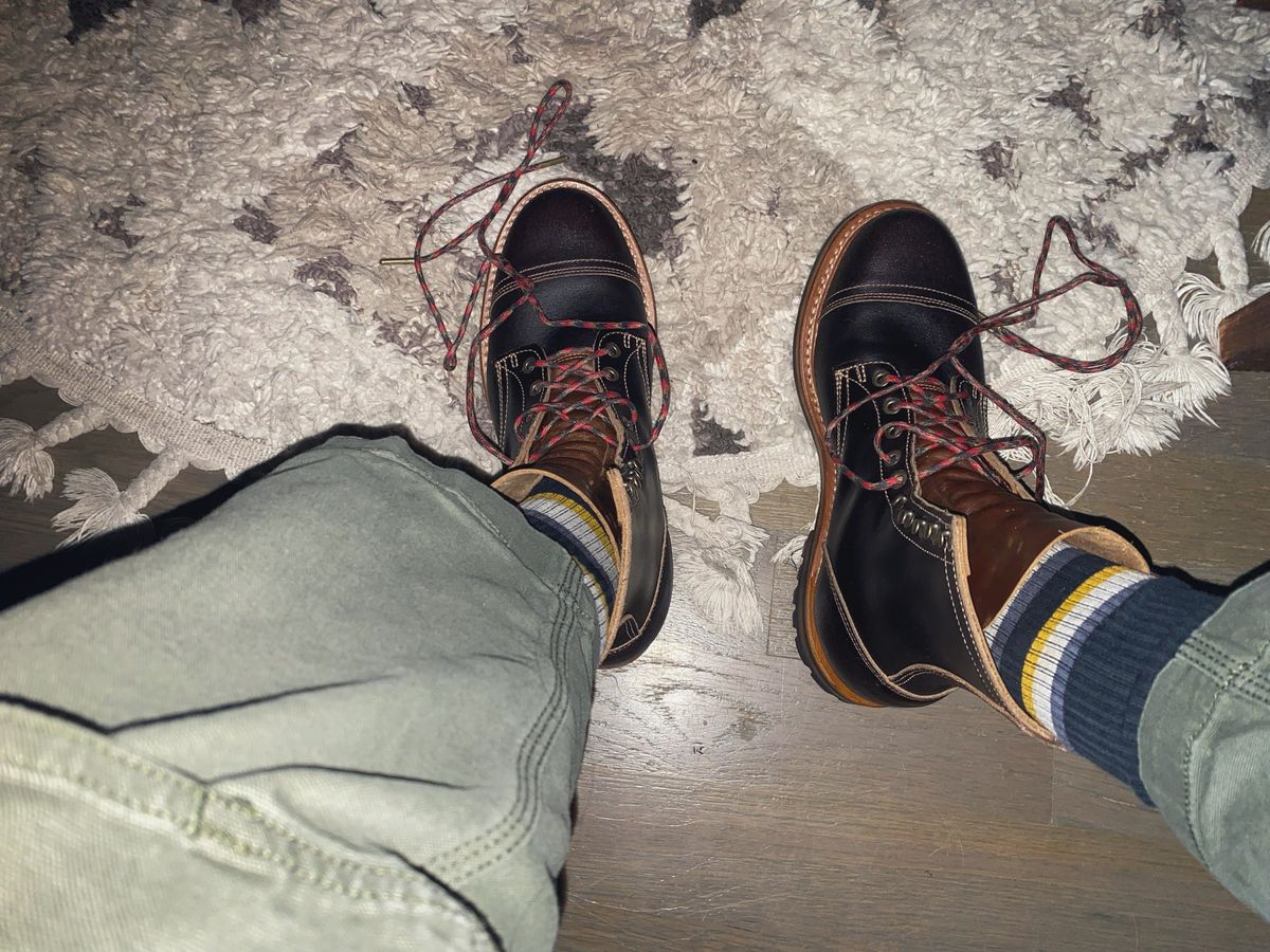 Photo by undifferentiated on March 19, 2025 of the Truman Cap Toe Boot in Horween Java Waxed Flesh.