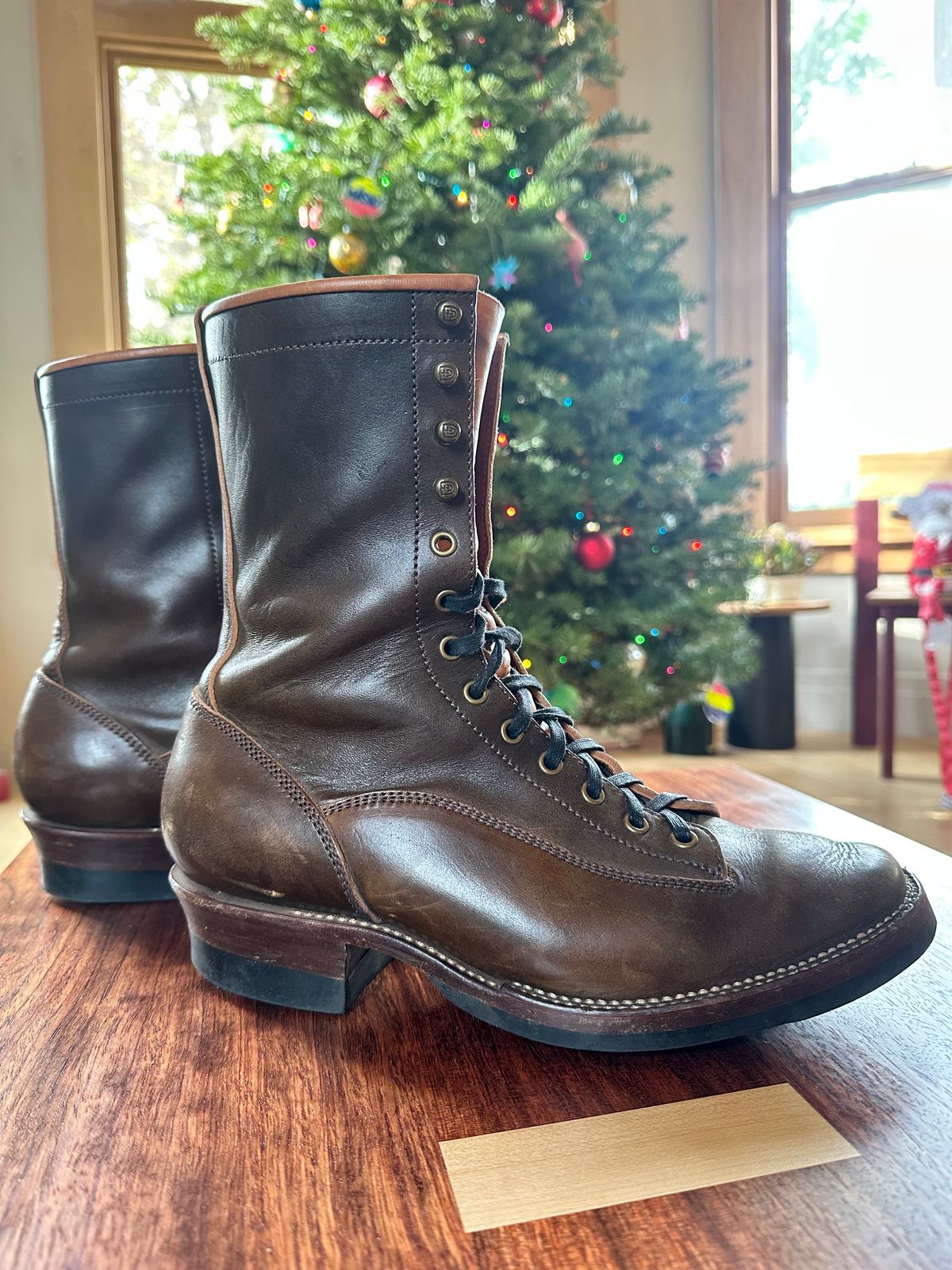 Photo by bricra1983 on December 11, 2024 of the Flame Panda Lace To Toe in Maryam Natural Horsebutt Overdyed Brown then Black.