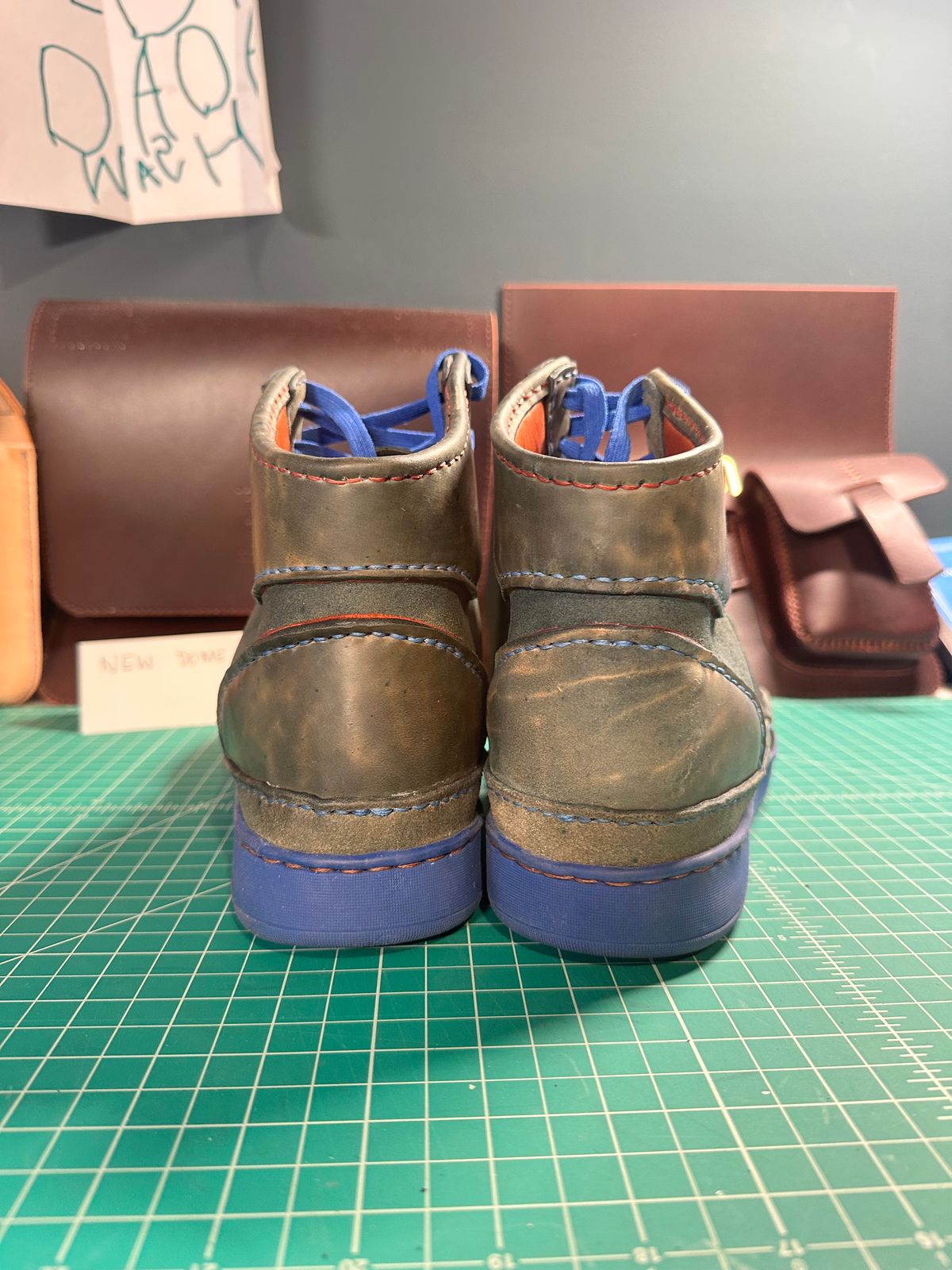 Photo by bricra1983 on October 1, 2025 of the Self-Made Hand Stitched Hi Top in Guidi Blue Reverse Horsebutt.