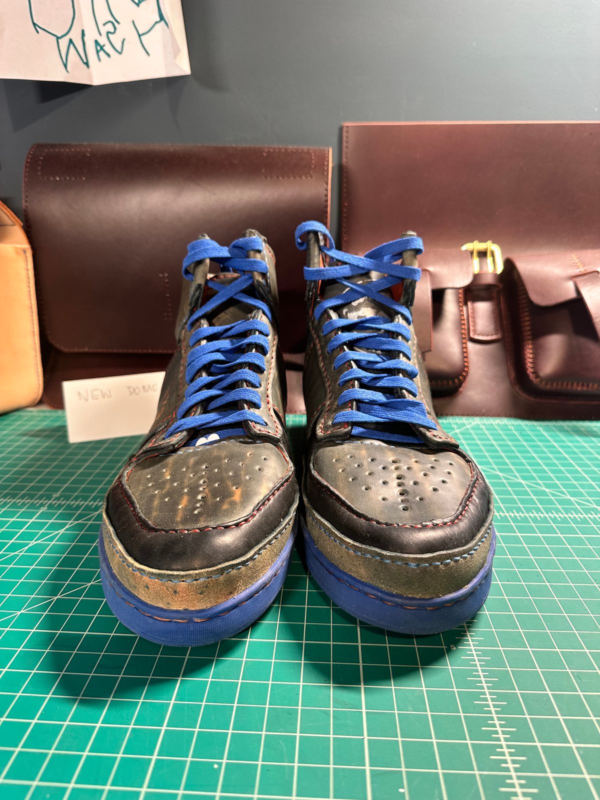 Photo by bricra1983 on October 1, 2025 of the Self-Made Hand Stitched Hi Top in Guidi Blue Reverse Horsebutt.