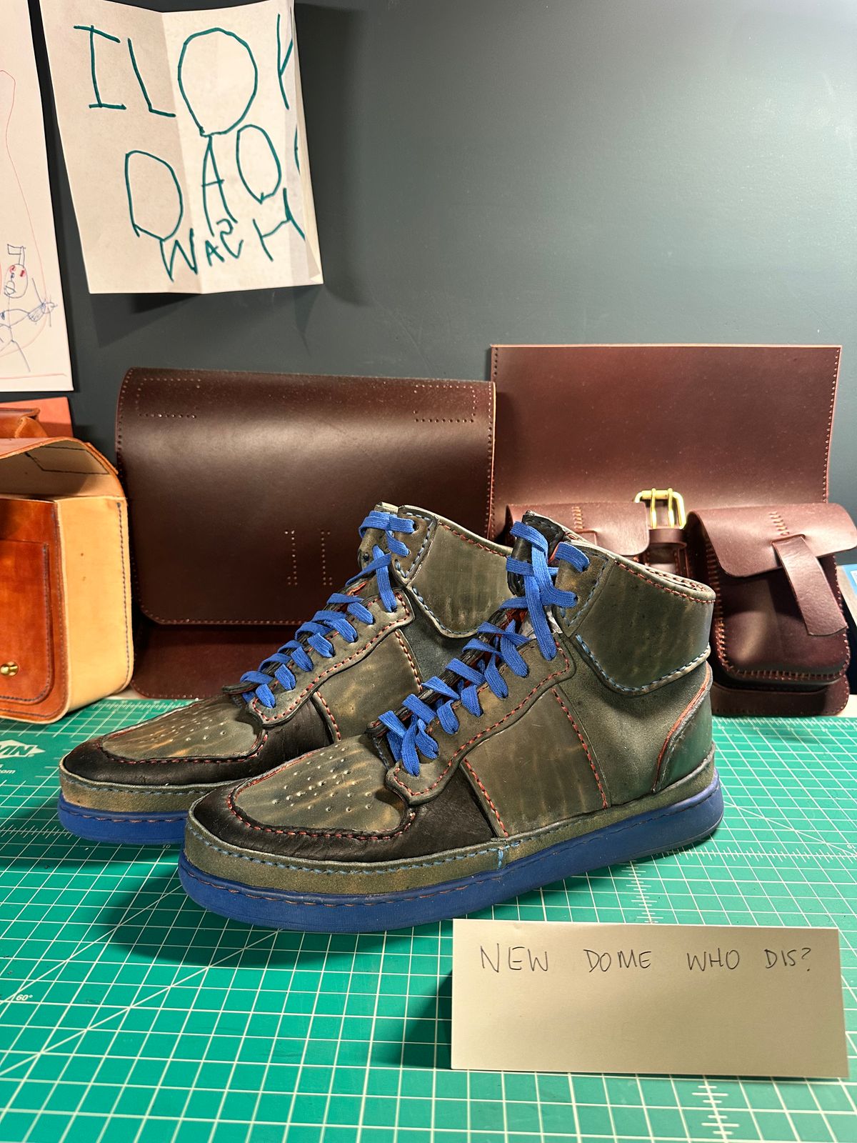 Photo by bricra1983 on October 1, 2025 of the Self-Made Hand Stitched Hi Top in Guidi Blue Reverse Horsebutt.