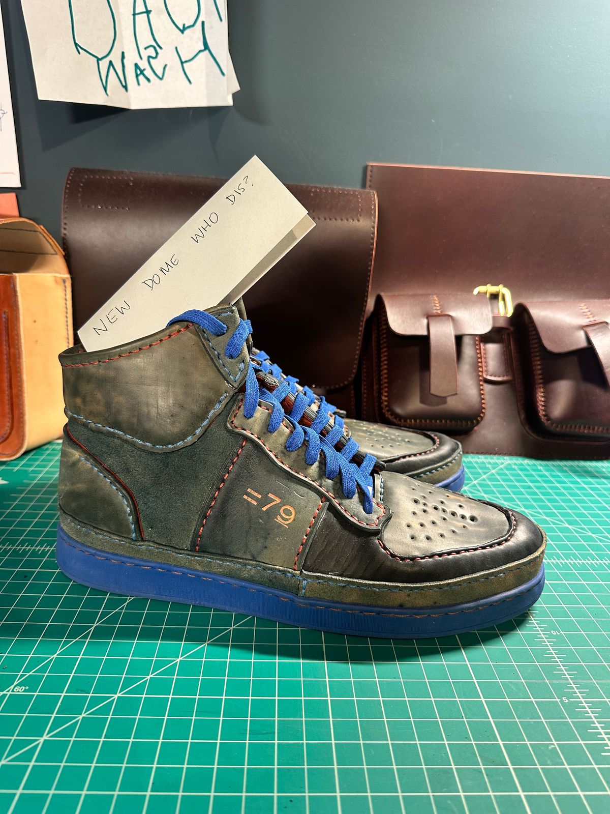 Photo by bricra1983 on October 1, 2025 of the Self-Made Hand Stitched Hi Top in Guidi Blue Reverse Horsebutt.