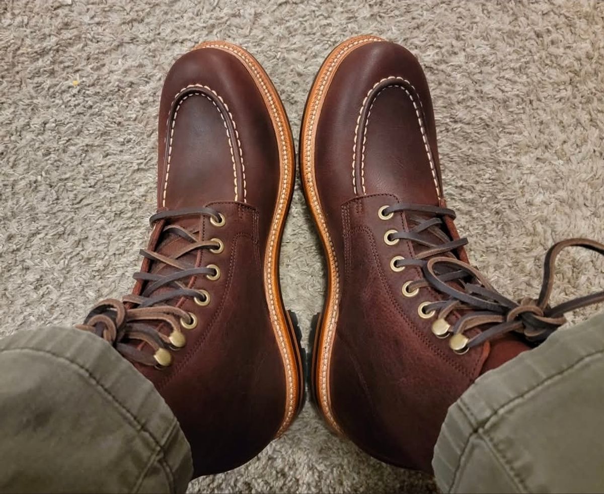 Photo by Bootropolis on November 21, 2023 of the Grant Stone Brass Boot in C.F. Stead Dark Burgundy Classic Kudu.