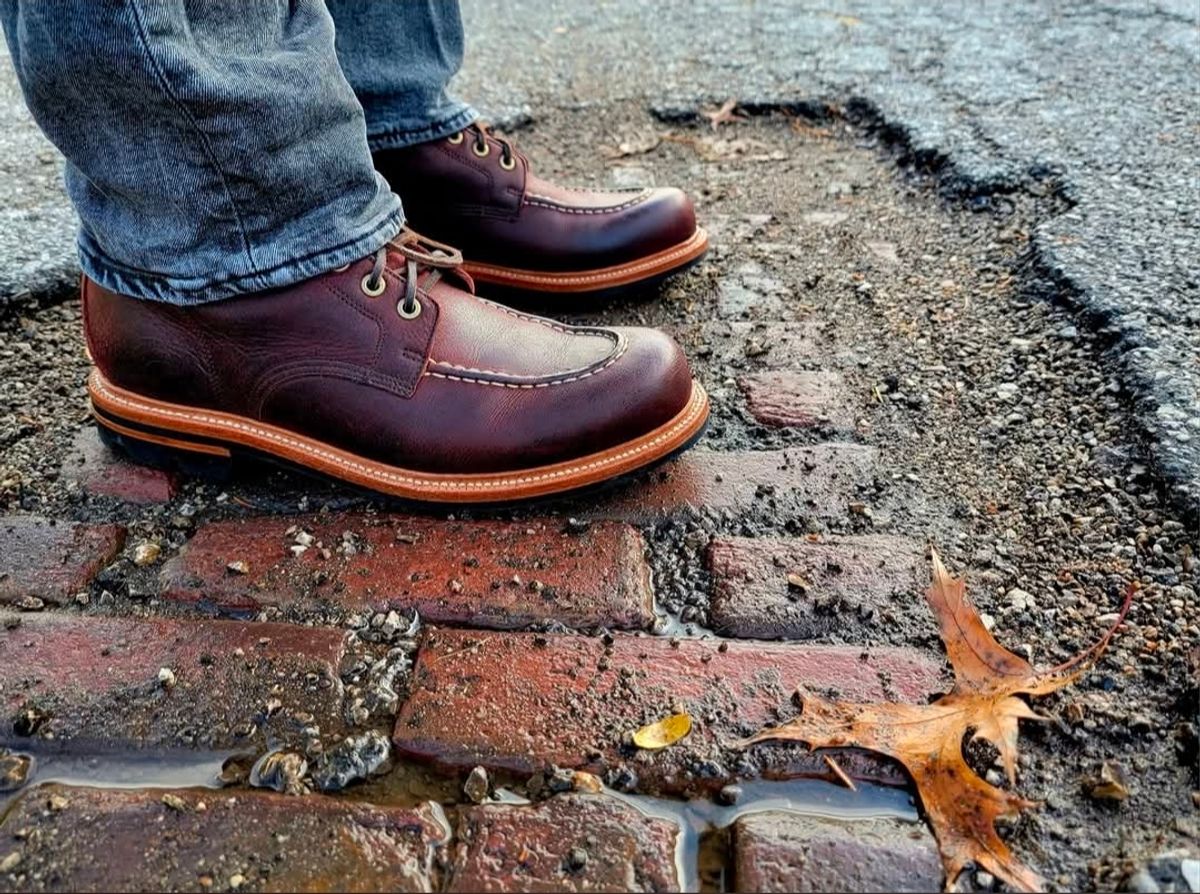 Photo by Bootropolis on October 31, 2024 of the Grant Stone Brass Boot in C.F. Stead Dark Burgundy Classic Kudu.