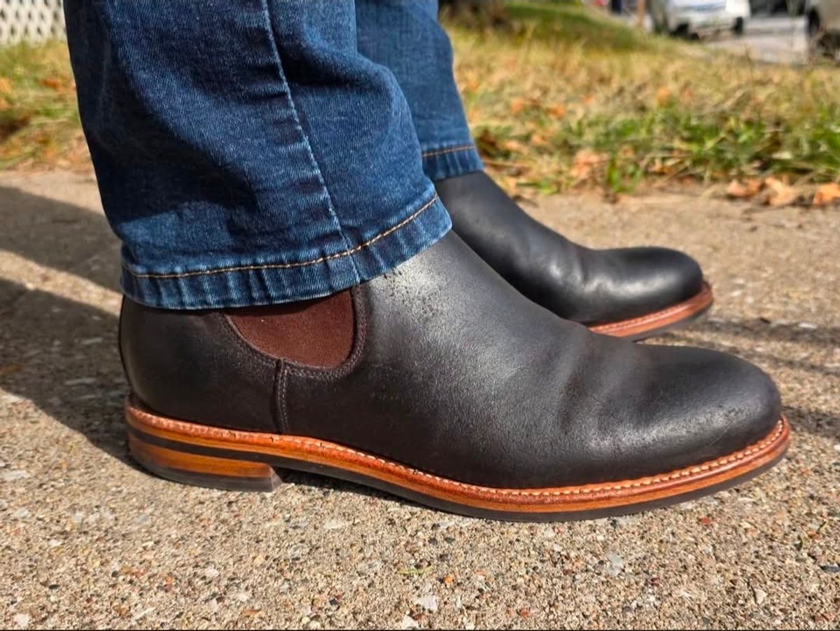 Photo by Bootropolis on July 8, 2026 of the Grant Stone Chelsea Boot in C.F. Stead Earth Waxy Commander Suede.