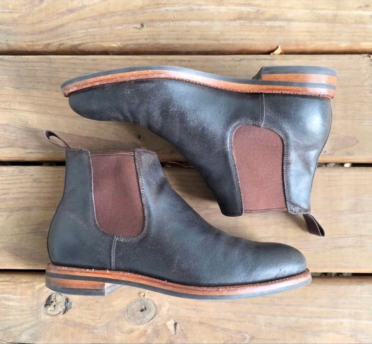 Photo by Bootropolis on July 8, 2026 of the Grant Stone Chelsea Boot in C.F. Stead Earth Waxy Commander Suede.