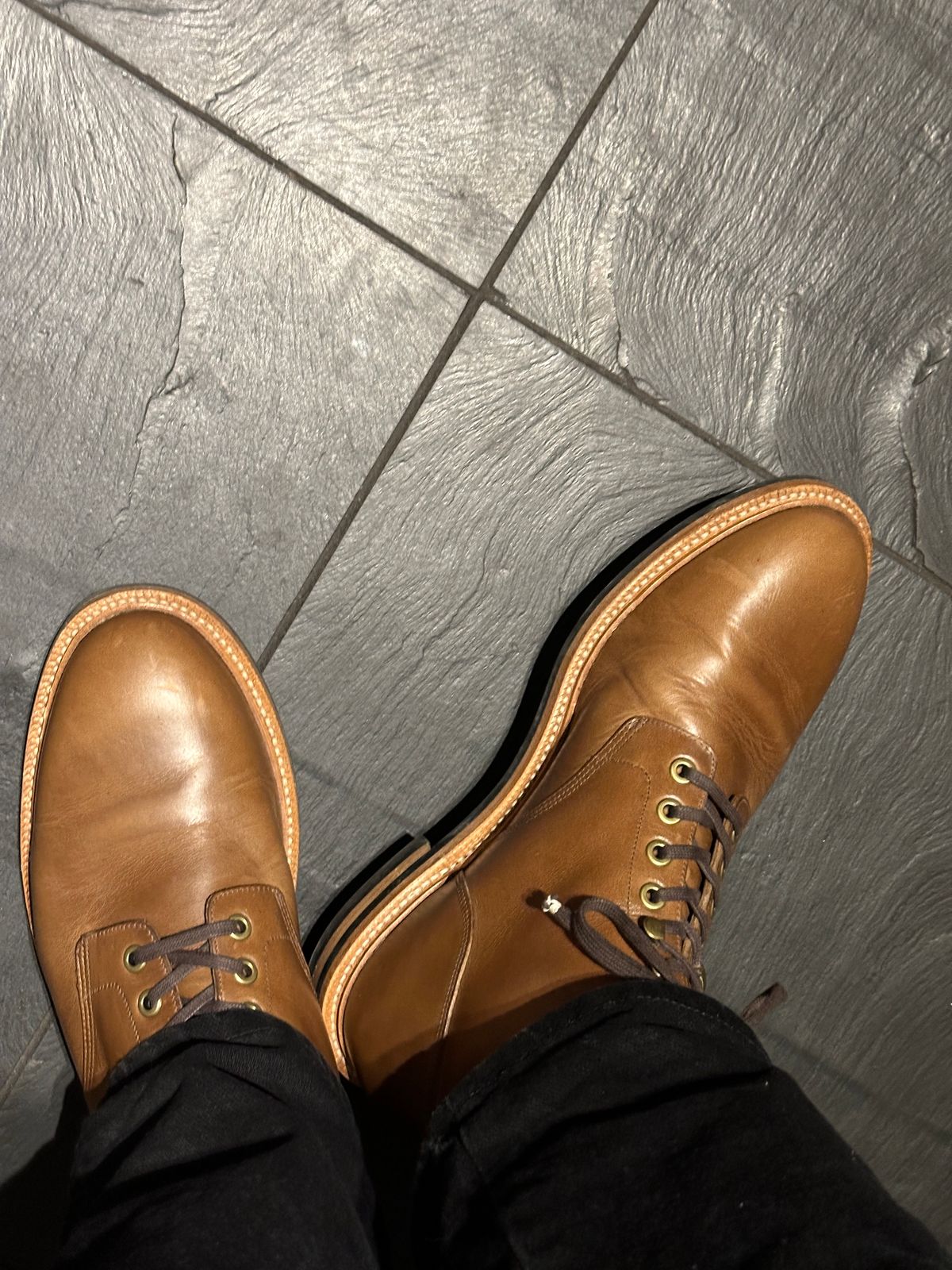 Photo by newenglandoldstyle on January 7, 2025 of the Grant Stone Diesel Boot in Horween Dune Chromexcel.