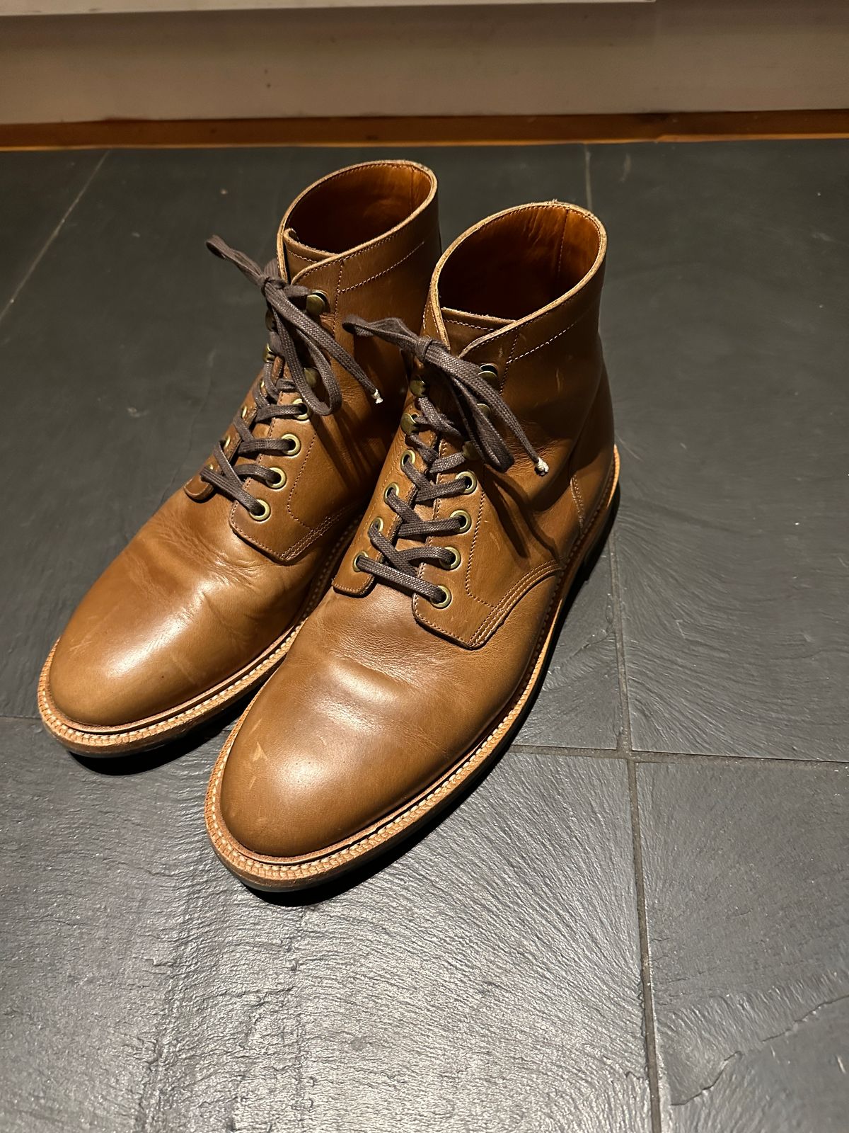 Photo by newenglandoldstyle on January 7, 2025 of the Grant Stone Diesel Boot in Horween Dune Chromexcel.