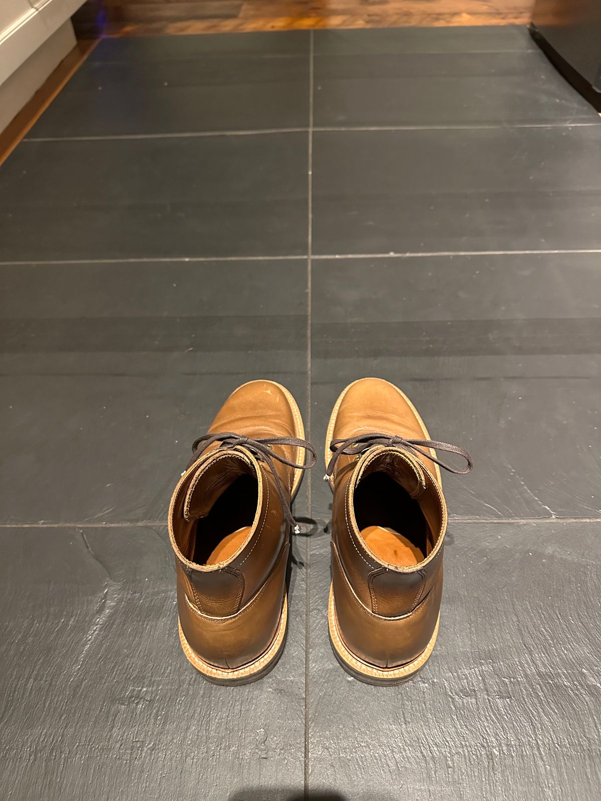 Photo by newenglandoldstyle on January 7, 2025 of the Grant Stone Diesel Boot in Horween Dune Chromexcel.