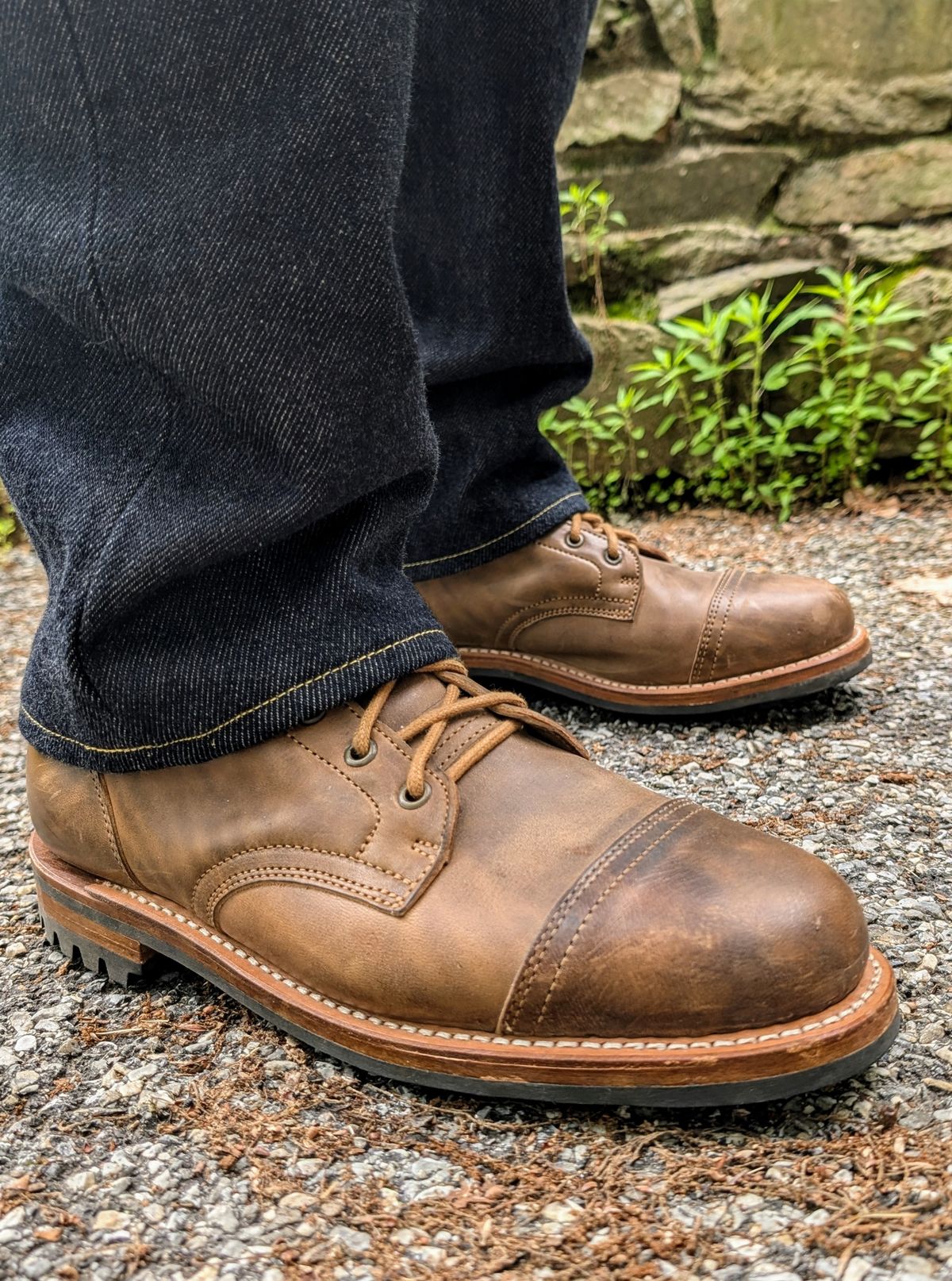 Photo by bladesandboots on May 24, 2025 of the Truman Cap Toe Boot in Vintage Military Horse Rump.