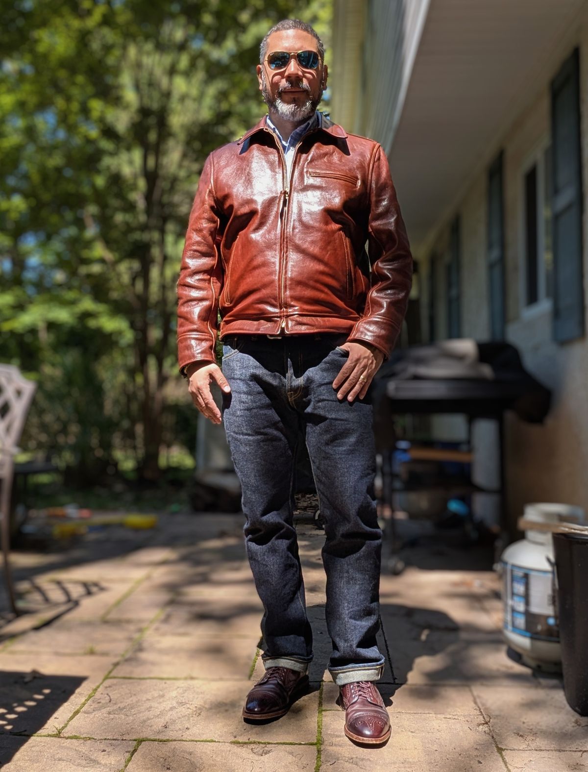 Photo by bladesandboots on June 2, 2025 of the Aero Leather Clothing Highwayman in Badalassi Carlo Russet Steerhide.