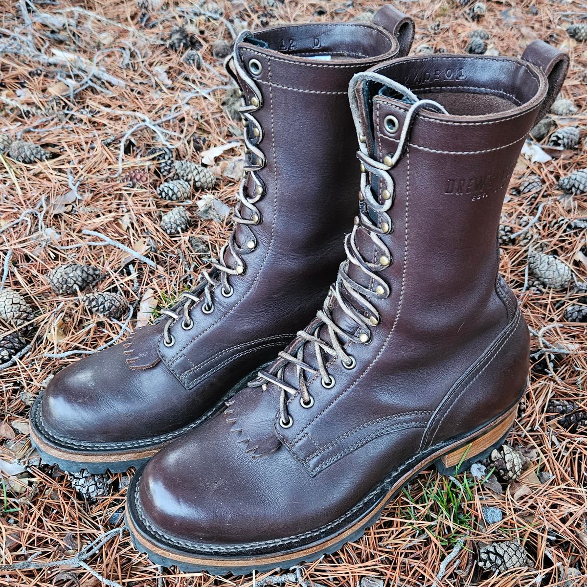 Photo by shipwreckwillie on December 18, 2024 of the Drew's Boots 10-inch Logger in Brown Smooth.