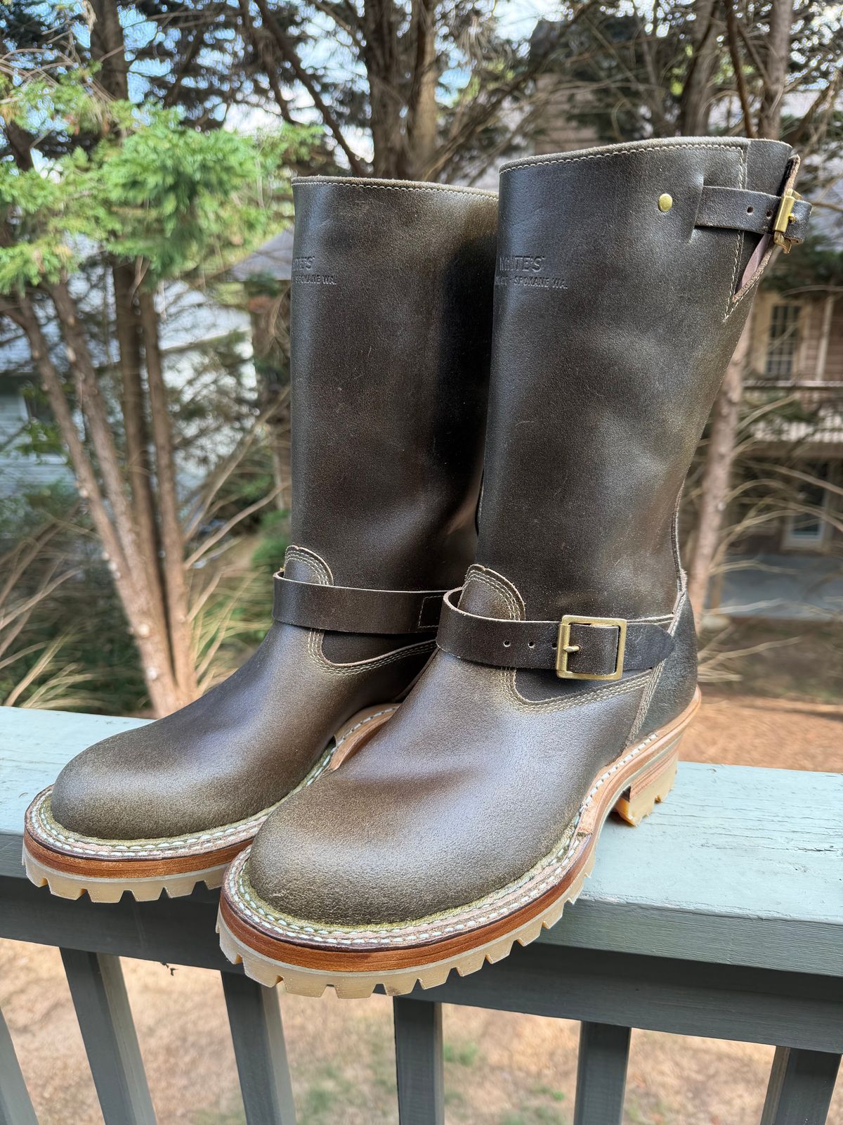 Photo by BigDawg308 on September 22, 2025 of the White's Nomad Engineer Boots in Horween Dark Olive Waxed Flesh.