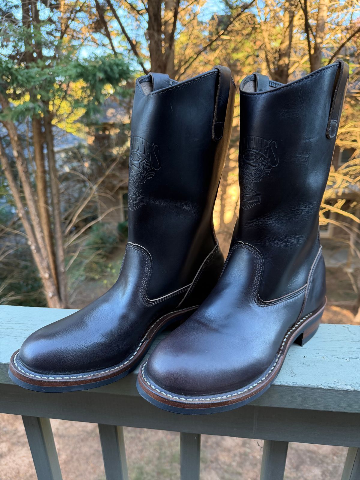 Photo by BigDawg308 on October 22, 2025 of the White's x Harley Davidson Stockman Pull On in Horween Overdyed Brown Chromexcel.