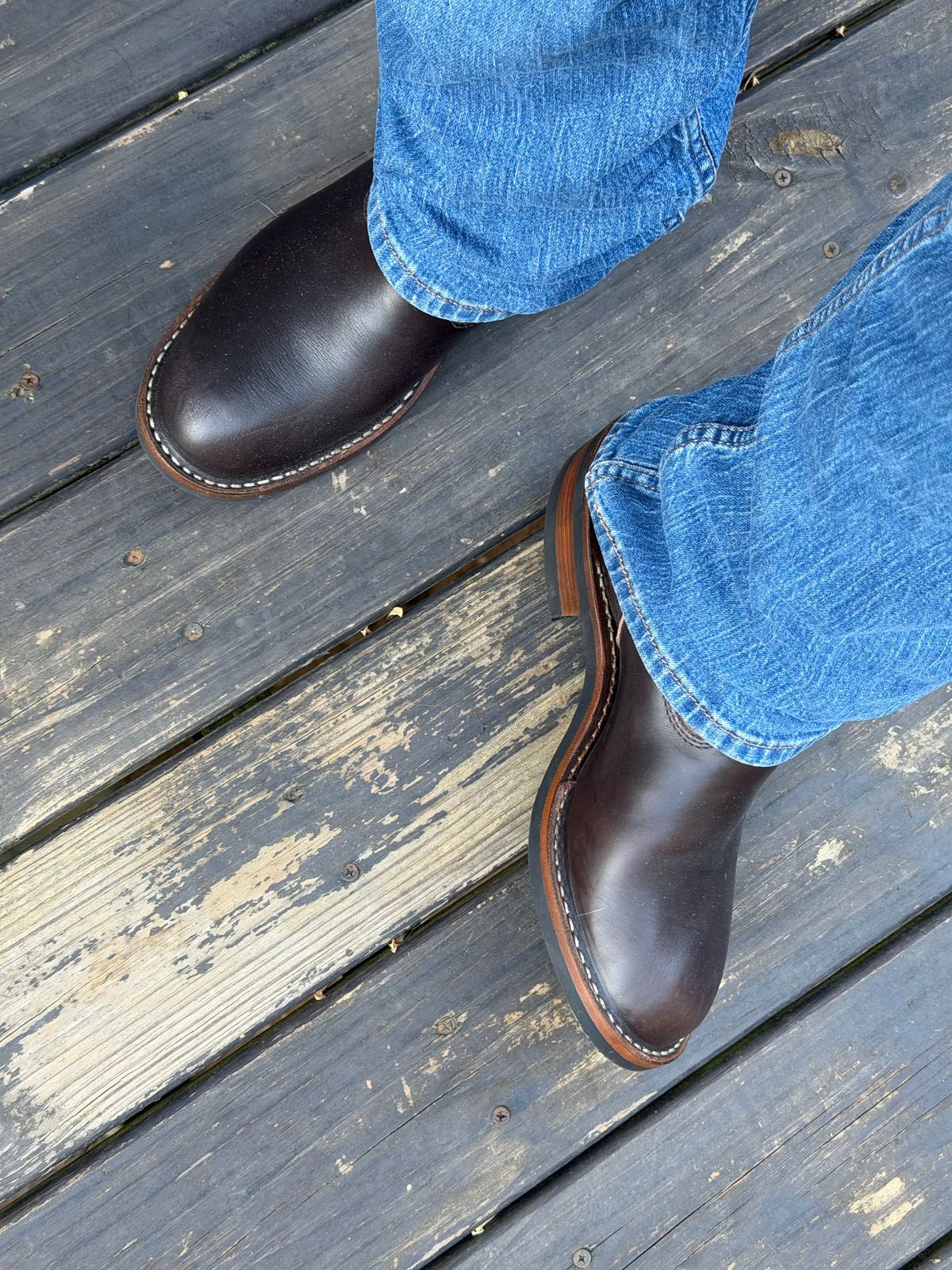 Photo by BigDawg308 on January 5, 2026 of the White's x Harley Davidson Stockman Pull On in Horween Overdyed Brown Chromexcel.