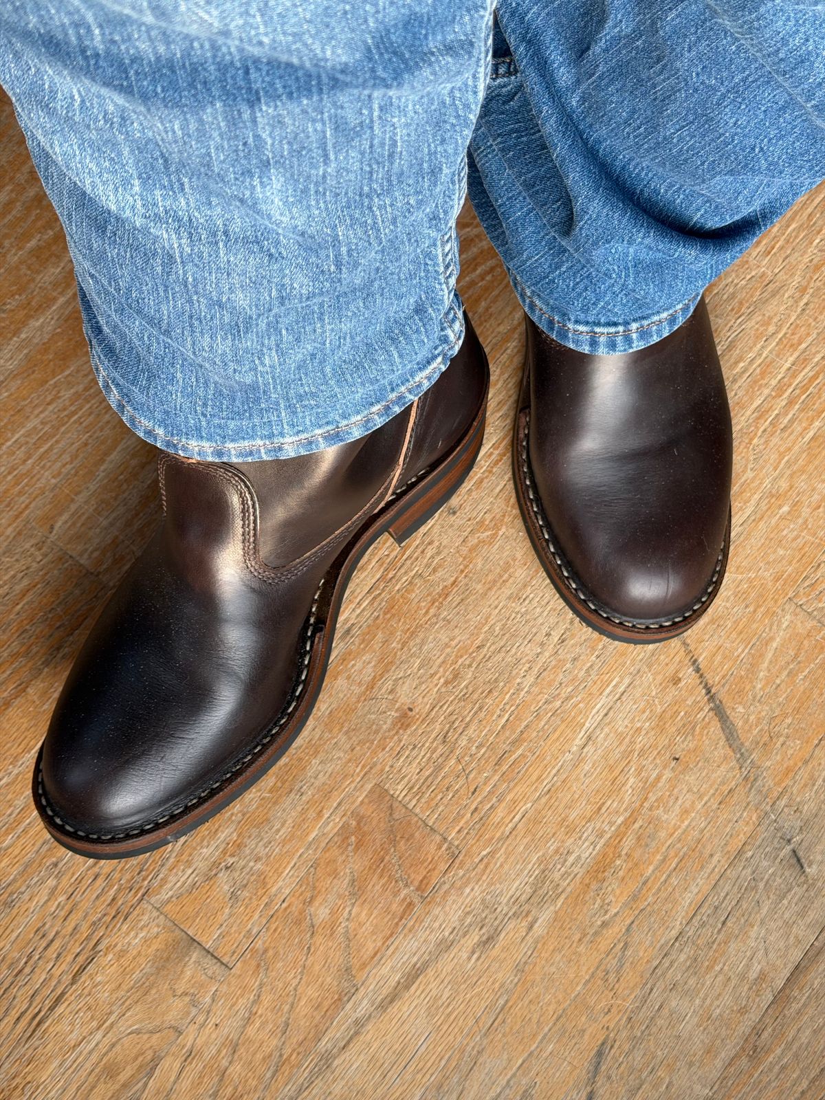 Photo by BigDawg308 on January 5, 2026 of the White's x Harley Davidson Stockman Pull On in Horween Overdyed Brown Chromexcel.