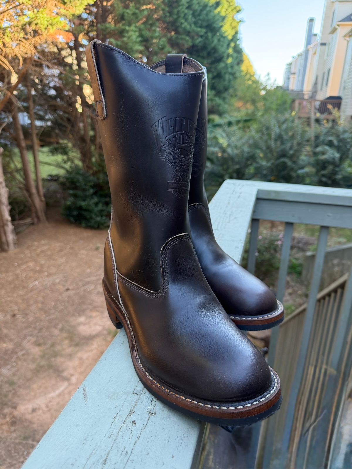 Photo by BigDawg308 on October 22, 2025 of the White's x Harley Davidson Stockman Pull On in Horween Overdyed Brown Chromexcel.