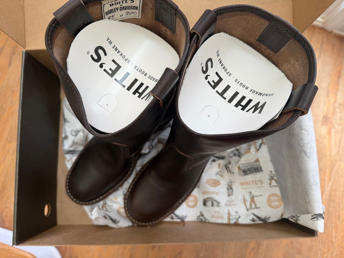 Photo by BigDawg308 on October 22, 2025 of the White's x Harley Davidson Stockman Pull On in Horween Overdyed Brown Chromexcel.