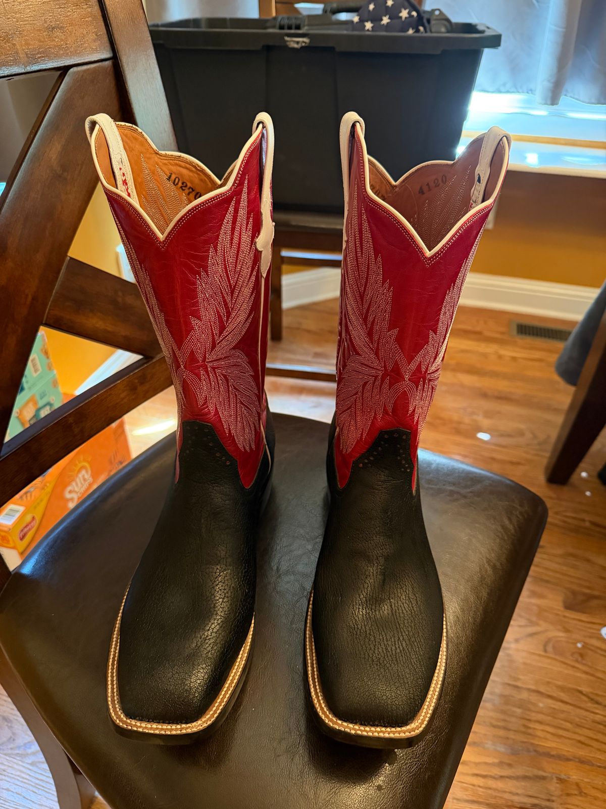 Photo by BigDawg308 on June 29, 2026 of the Rios of Mercedes Cowboy Boots in Black Poseidon Goat & Maraschino Red Kidskin.