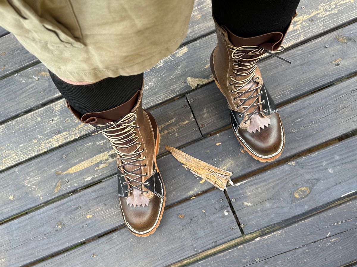Photo by BigDawg308 on July 9, 2025 of the Frank's Boots Type 2 Highlander in Horween Cinnamon Waxed Flesh & Horween Natural Waxed Flesh & Horween Black Waxed Flesh.
