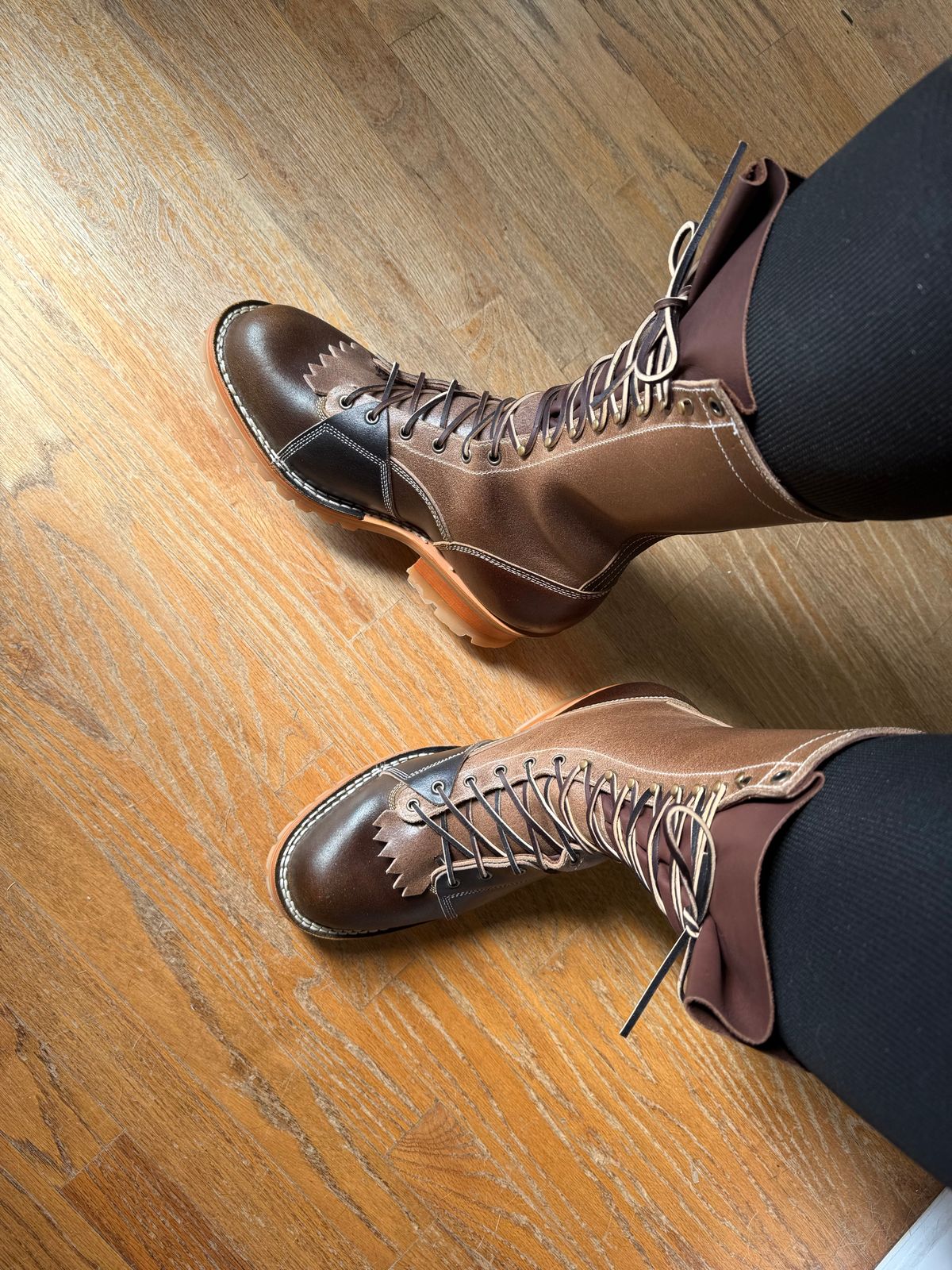 Photo by BigDawg308 on July 9, 2025 of the Frank's Boots Type 2 Highlander in Horween Cinnamon Waxed Flesh & Horween Natural Waxed Flesh & Horween Black Waxed Flesh.