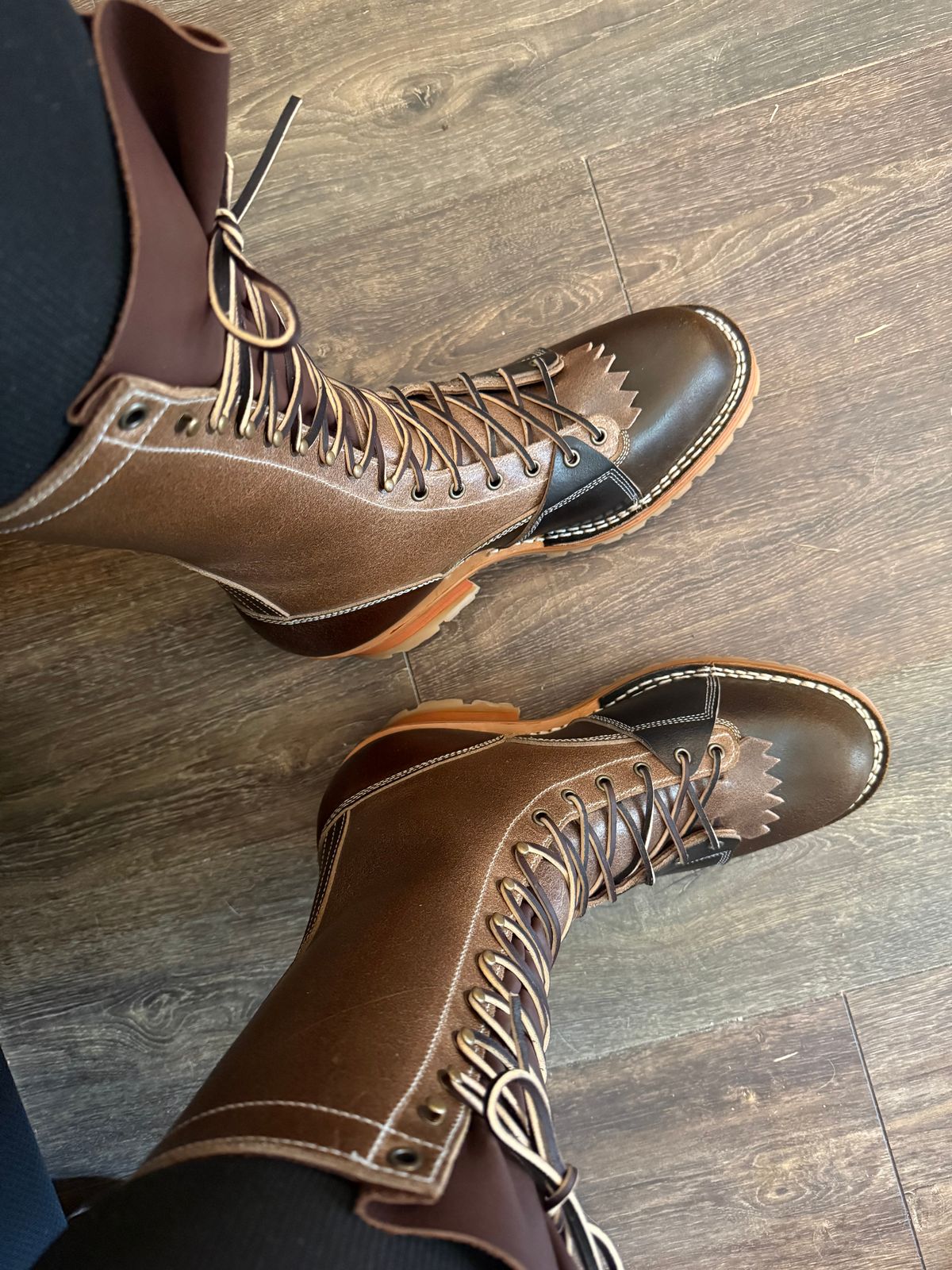 Photo by BigDawg308 on July 9, 2025 of the Frank's Boots Type 2 Highlander in Horween Cinnamon Waxed Flesh & Horween Natural Waxed Flesh & Horween Black Waxed Flesh.