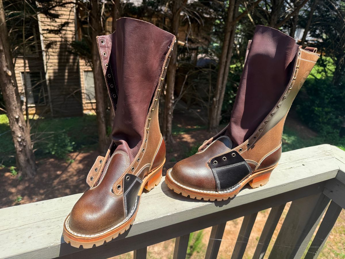 Photo by BigDawg308 on July 9, 2025 of the Frank's Boots Type 2 Highlander in Horween Cinnamon Waxed Flesh & Horween Natural Waxed Flesh & Horween Black Waxed Flesh.