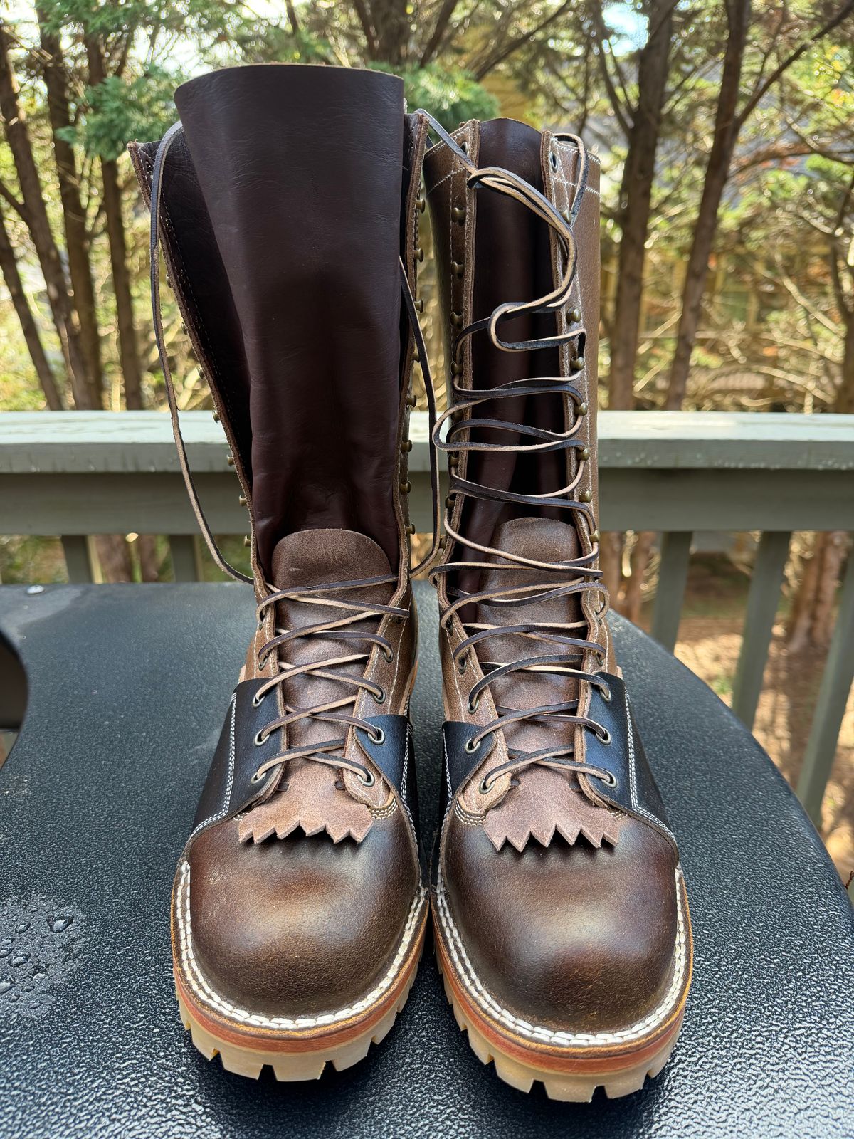 Photo by BigDawg308 on October 1, 2025 of the Frank's Boots Type 2 Highlander in Horween Cinnamon Waxed Flesh & Horween Natural Waxed Flesh & Horween Black Waxed Flesh.