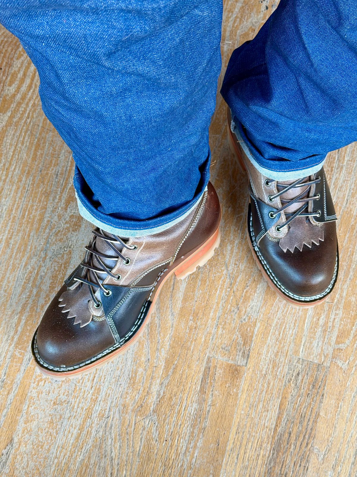 Photo by BigDawg308 on October 12, 2025 of the Frank's Boots Type 2 Highlander in Horween Cinnamon Waxed Flesh & Horween Natural Waxed Flesh & Horween Black Waxed Flesh.