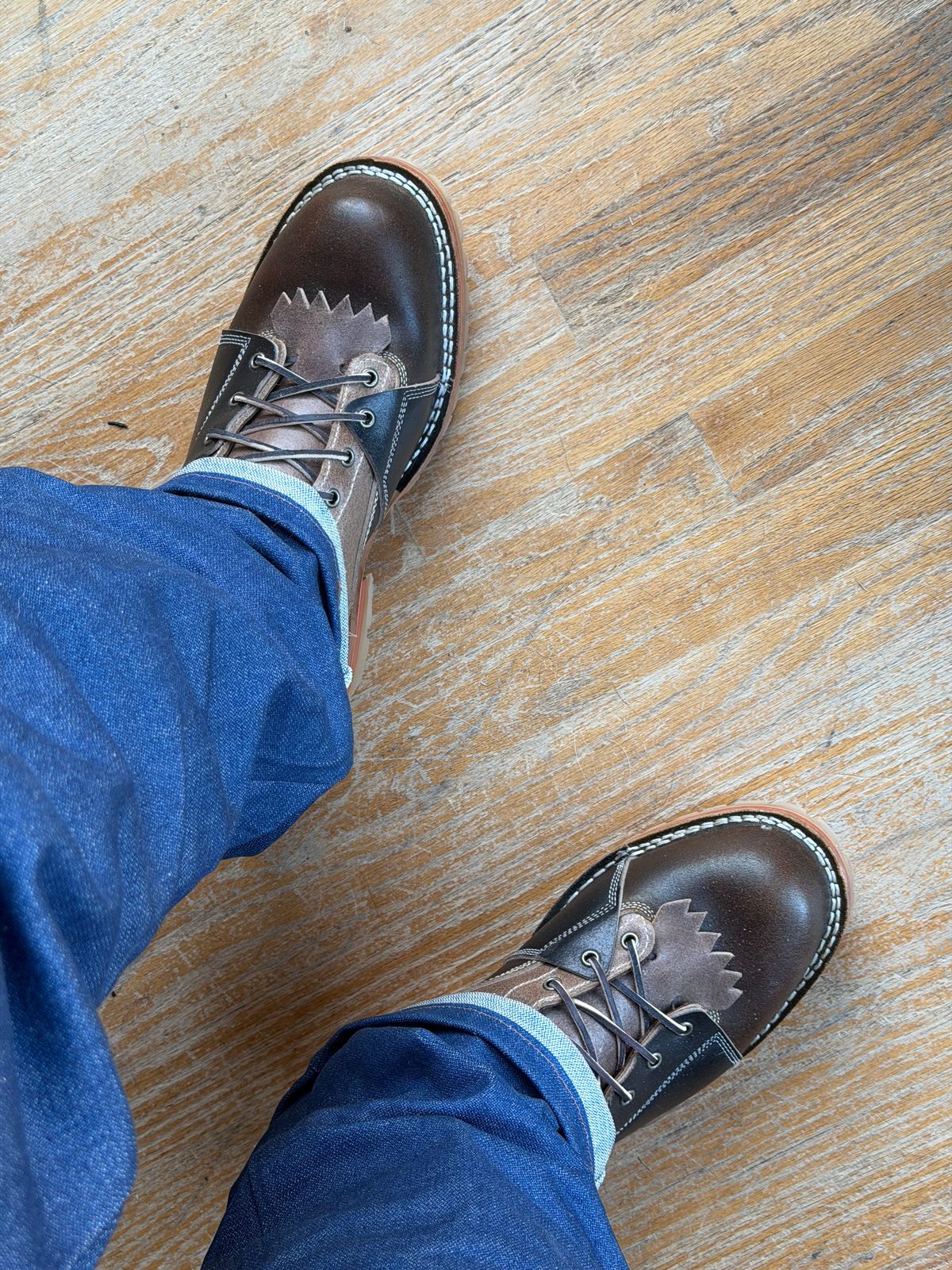 Photo by BigDawg308 on October 12, 2025 of the Frank's Boots Type 2 Highlander in Horween Cinnamon Waxed Flesh & Horween Natural Waxed Flesh & Horween Black Waxed Flesh.