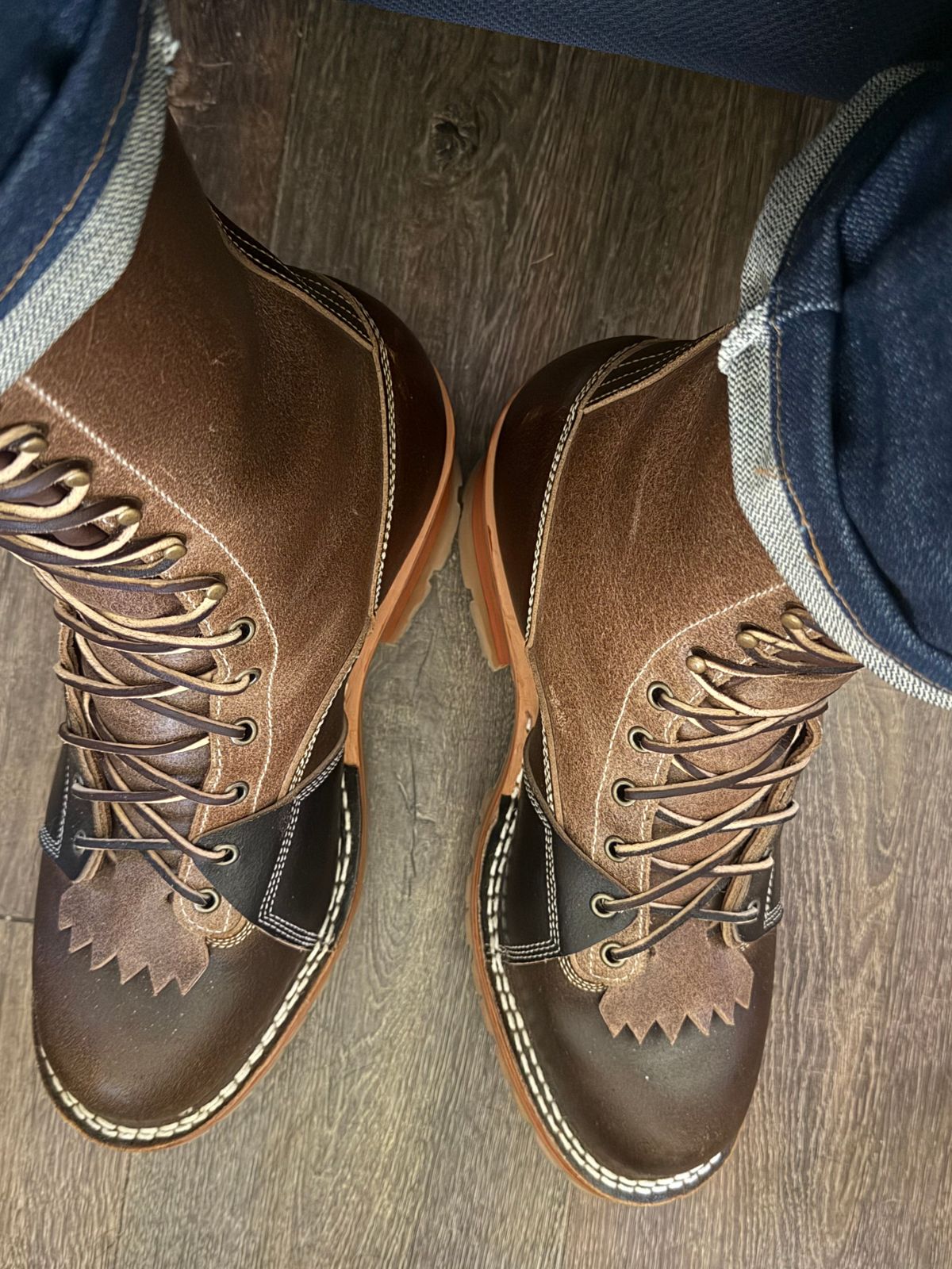 Photo by BigDawg308 on October 12, 2025 of the Frank's Boots Type 2 Highlander in Horween Cinnamon Waxed Flesh & Horween Natural Waxed Flesh & Horween Black Waxed Flesh.