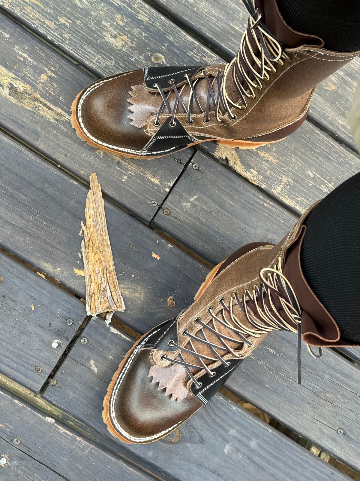 Photo by BigDawg308 on July 9, 2025 of the Frank's Boots Type 2 Highlander in Horween Cinnamon Waxed Flesh & Horween Natural Waxed Flesh & Horween Black Waxed Flesh.
