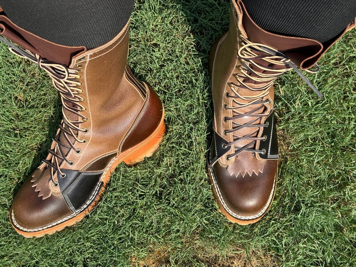 Photo by BigDawg308 on July 9, 2025 of the Frank's Boots Type 2 Highlander in Horween Cinnamon Waxed Flesh & Horween Natural Waxed Flesh & Horween Black Waxed Flesh.