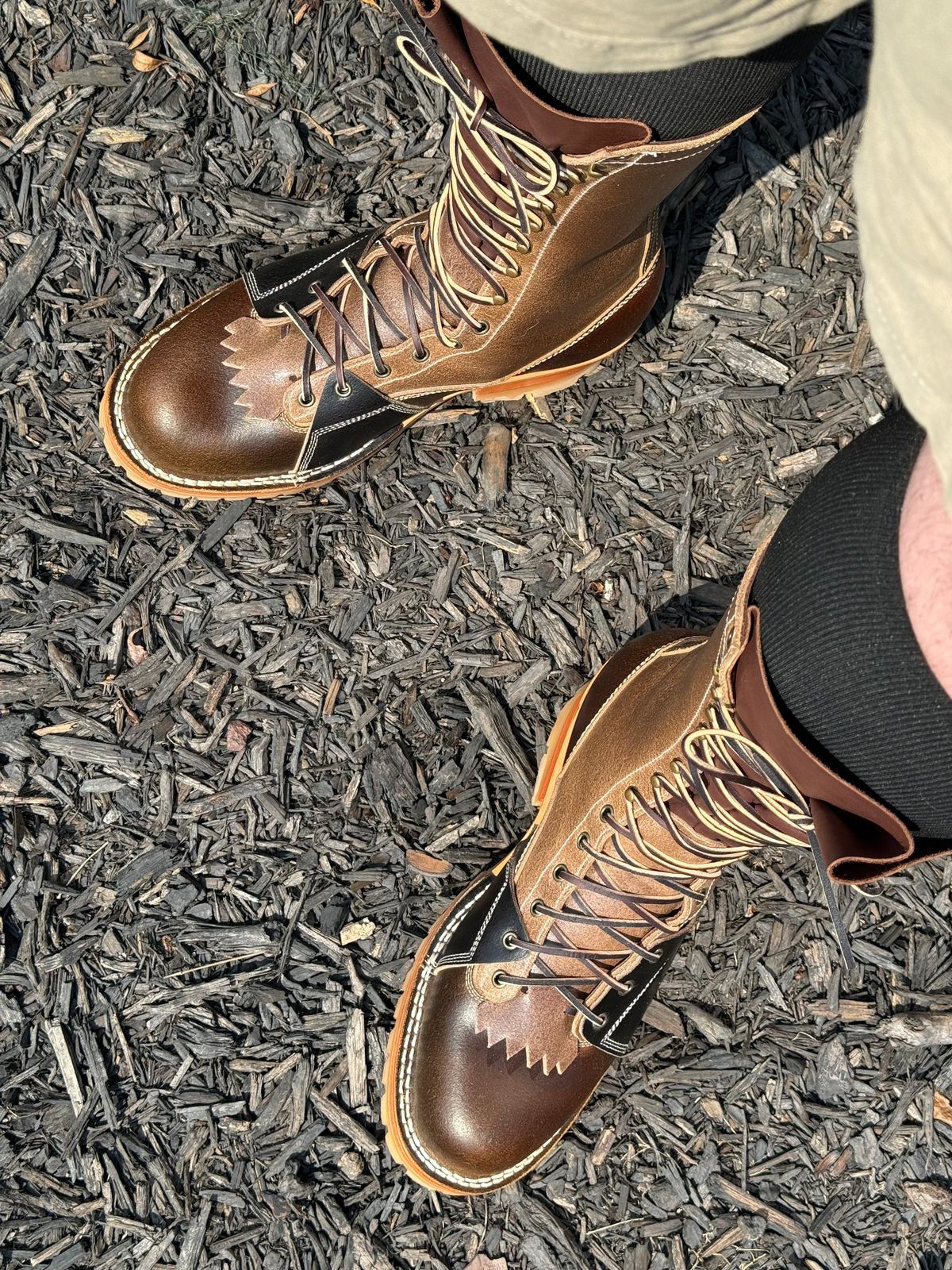 Photo by BigDawg308 on July 9, 2025 of the Frank's Boots Type 2 Highlander in Horween Cinnamon Waxed Flesh & Horween Natural Waxed Flesh & Horween Black Waxed Flesh.