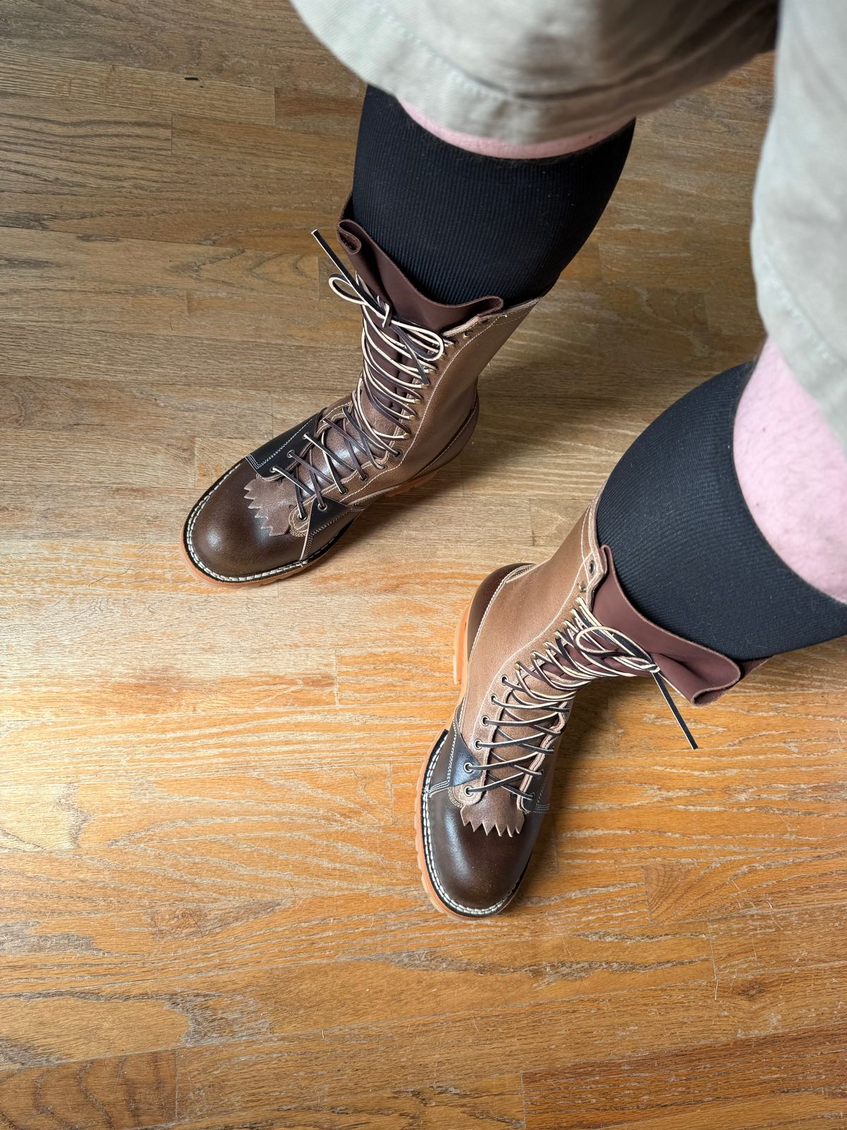 Photo by BigDawg308 on July 9, 2025 of the Frank's Boots Type 2 Highlander in Horween Cinnamon Waxed Flesh & Horween Natural Waxed Flesh & Horween Black Waxed Flesh.