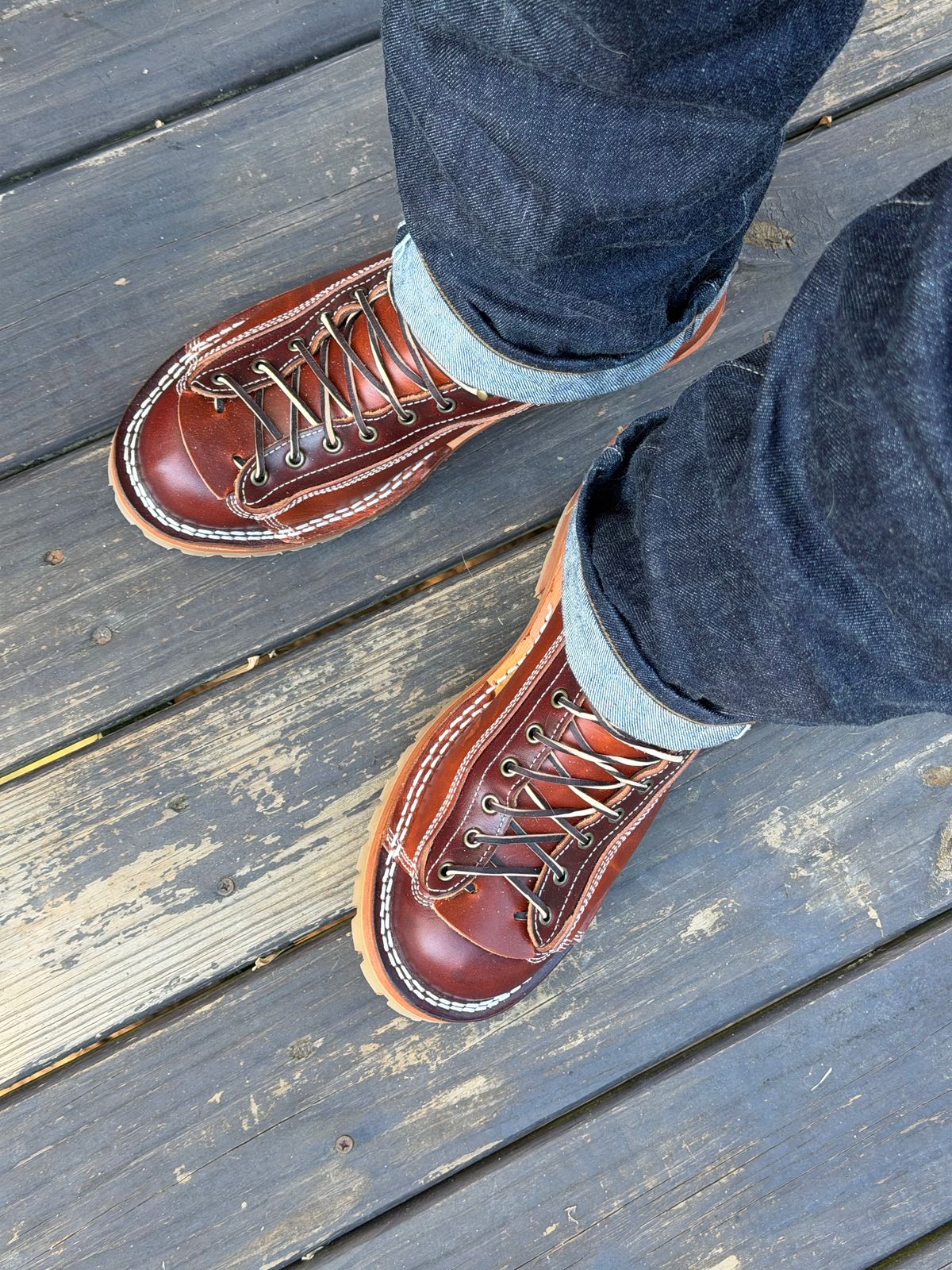 Photo by BigDawg308 on February 7, 2026 of the Frank's Boots Monkey Boot in Wickett & Craig Chestnut Oiled Latigo & Wickett & Craig Oiled Latigo Tan.