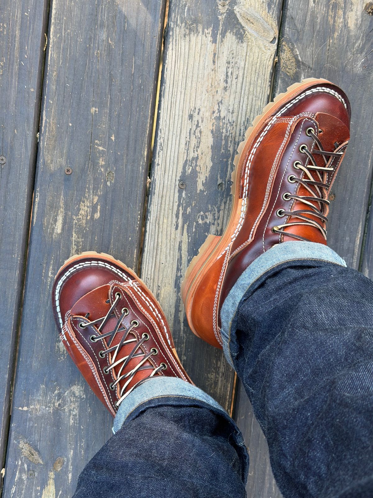 Photo by BigDawg308 on February 7, 2026 of the Frank's Boots Monkey Boot in Wickett & Craig Chestnut Oiled Latigo & Wickett & Craig Oiled Latigo Tan.