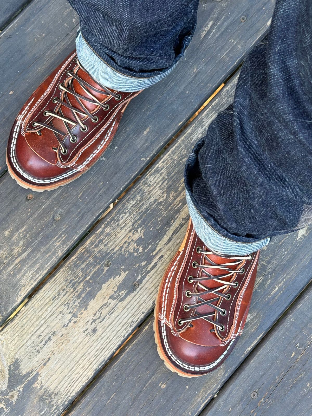 Photo by BigDawg308 on February 7, 2026 of the Frank's Boots Monkey Boot in Wickett & Craig Chestnut Oiled Latigo & Wickett & Craig Oiled Latigo Tan.