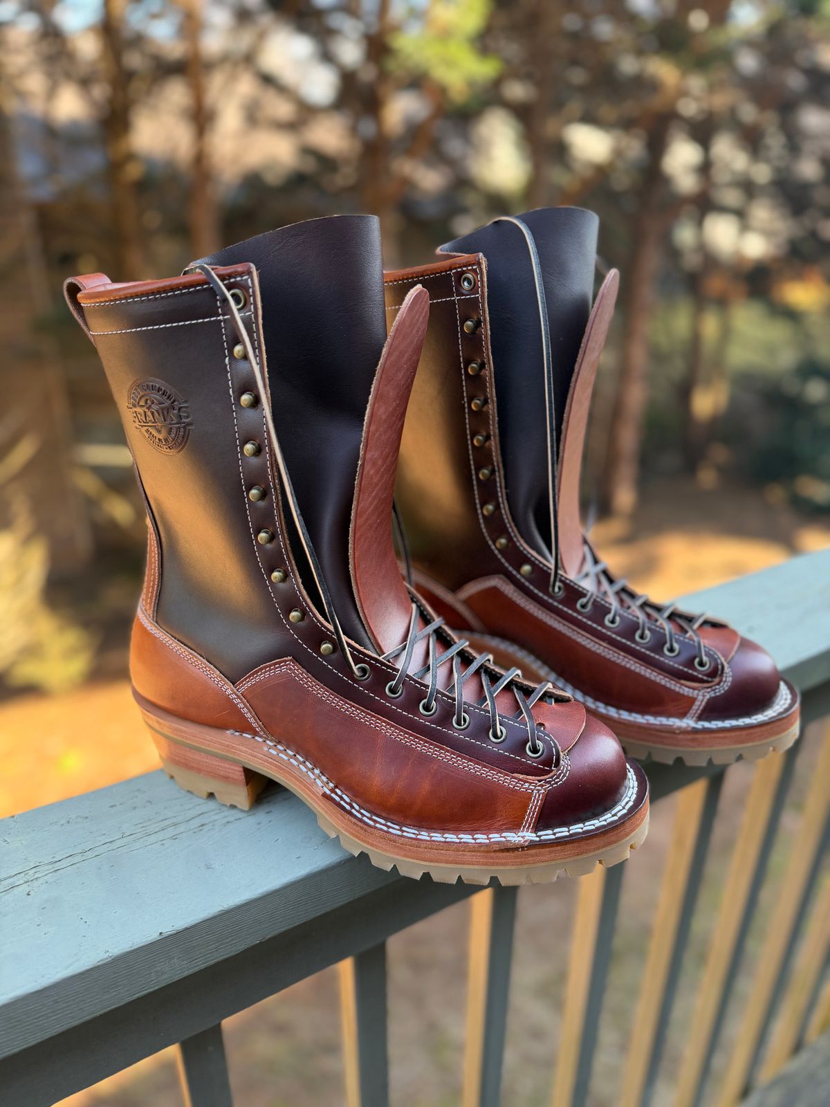 Photo by BigDawg308 on December 3, 2025 of the Frank's Boots Monkey Boot in Wickett & Craig Chestnut Oiled Latigo & Wickett & Craig Oiled Latigo Tan.