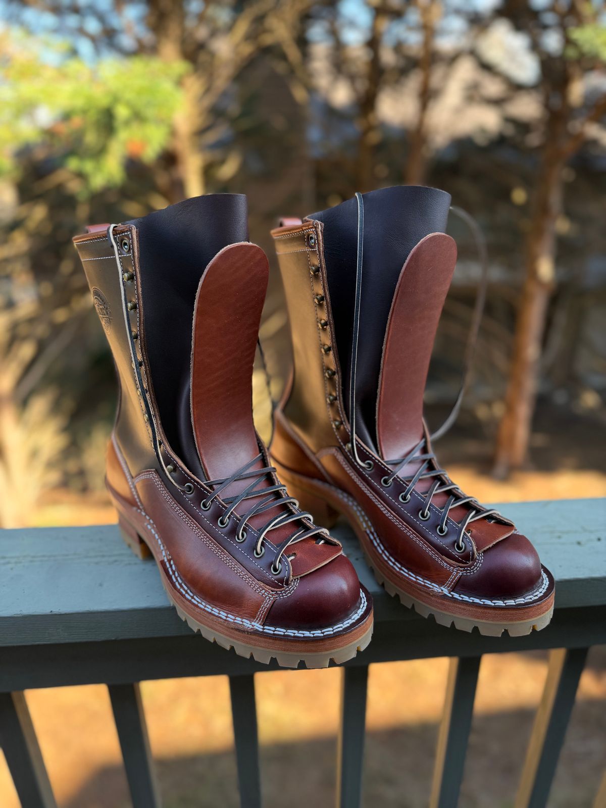 Photo by BigDawg308 on December 3, 2025 of the Frank's Boots Monkey Boot in Wickett & Craig Chestnut Oiled Latigo & Wickett & Craig Oiled Latigo Tan.