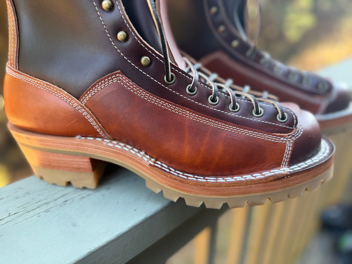 Photo by BigDawg308 on December 3, 2025 of the Frank's Boots Monkey Boot in Wickett & Craig Chestnut Oiled Latigo & Wickett & Craig Oiled Latigo Tan.