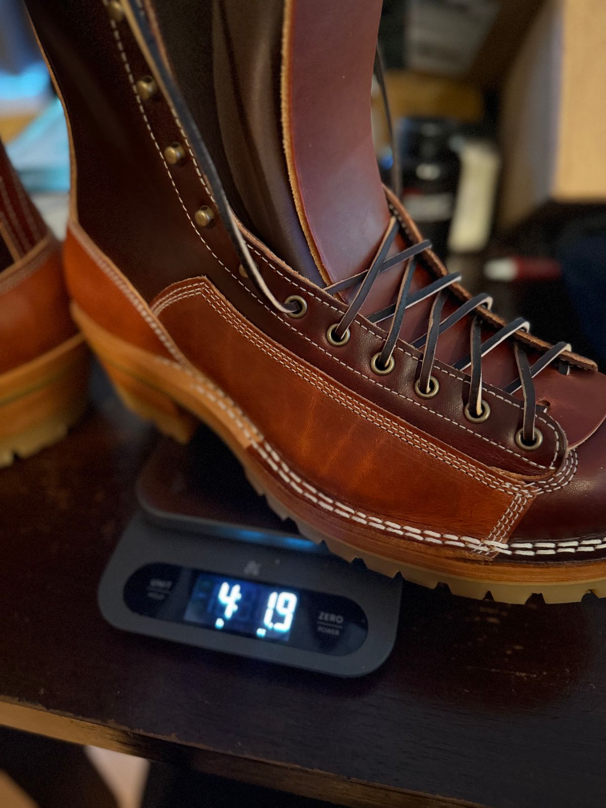 Photo by BigDawg308 on December 3, 2025 of the Frank's Boots Monkey Boot in Wickett & Craig Chestnut Oiled Latigo & Wickett & Craig Oiled Latigo Tan.