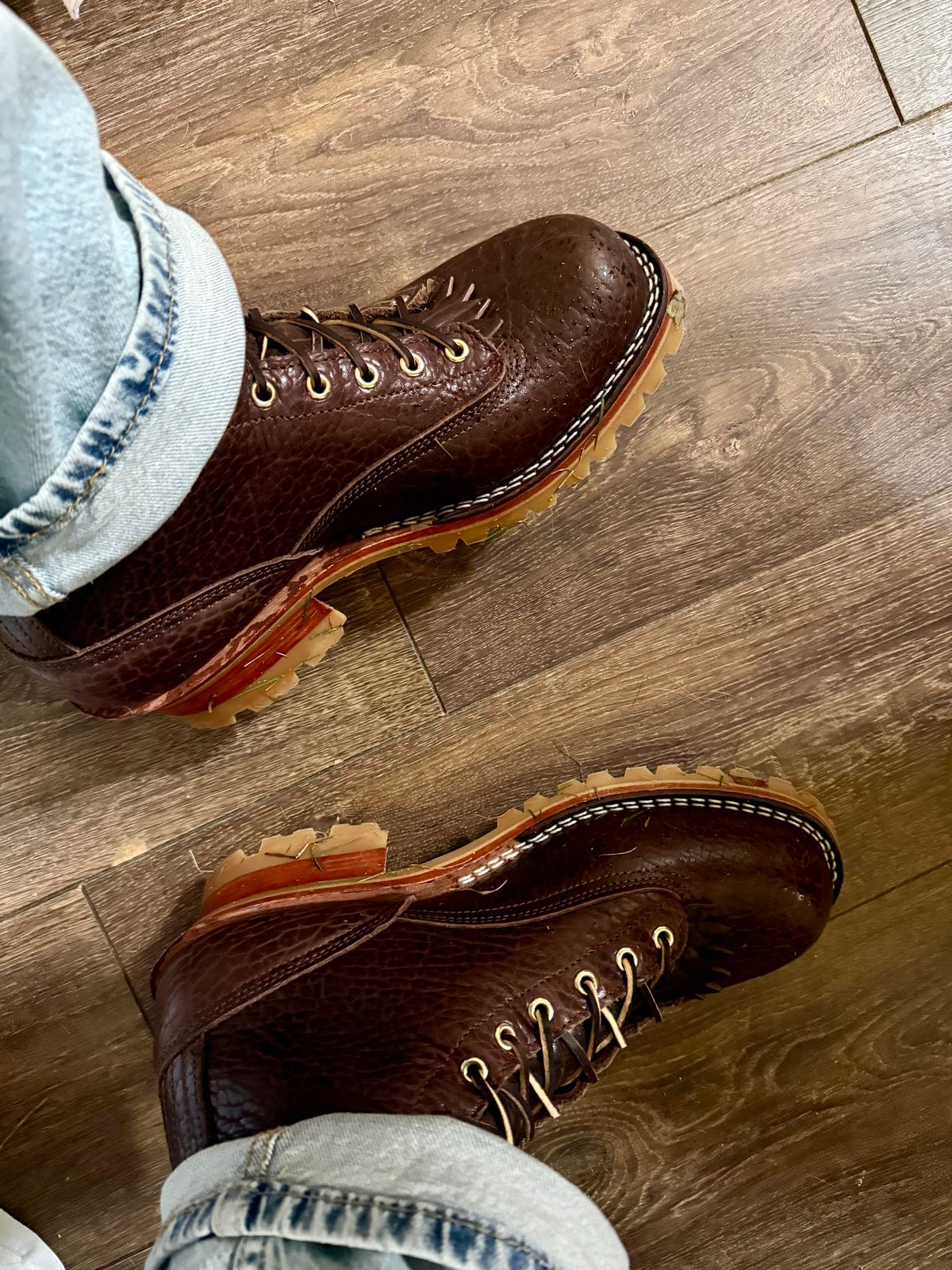 Photo by BigDawg308 on June 20, 2025 of the Nicks Lace To Toe in Law Tanning Walnut Smooth Shruken Bison.