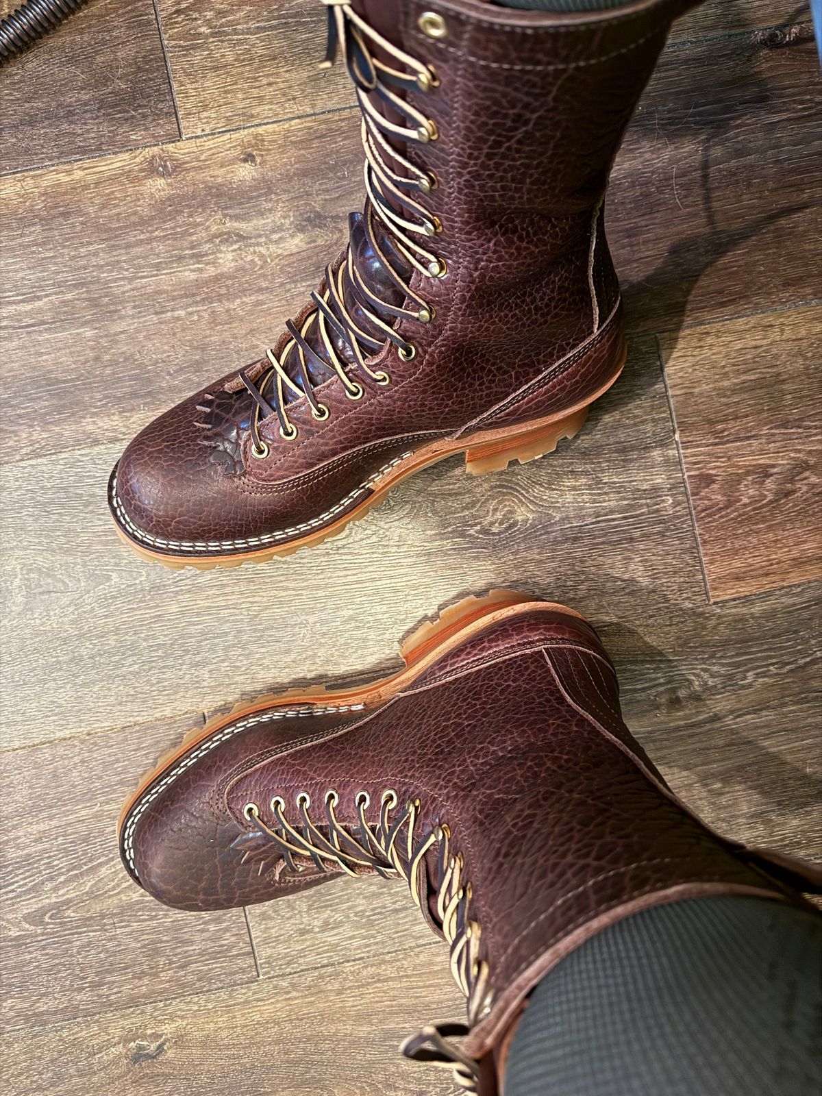 Photo by BigDawg308 on June 20, 2025 of the Nicks Lace To Toe in Law Tanning Walnut Smooth Shruken Bison.