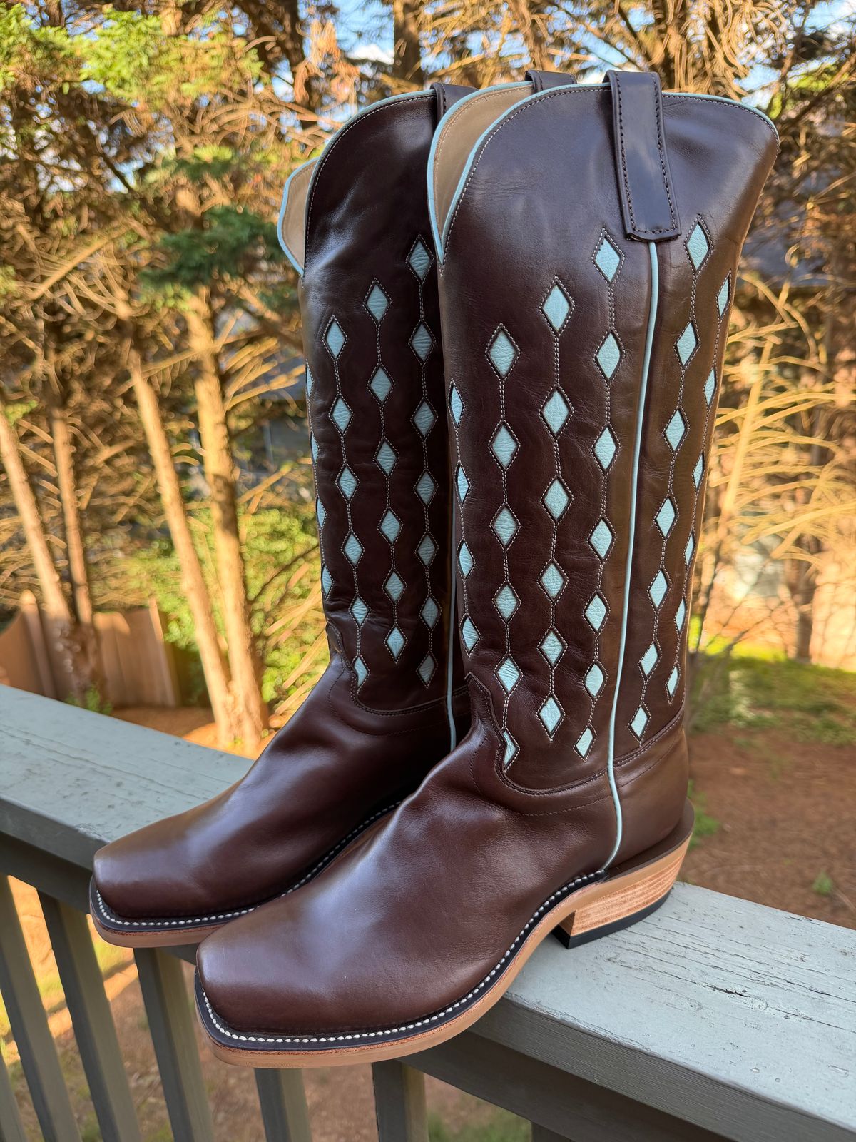 Photo by BigDawg308 on June 17, 2026 of the Olathe Boot Company Cutter Toe in Maryam Vachetta Walnut Horsebutt.