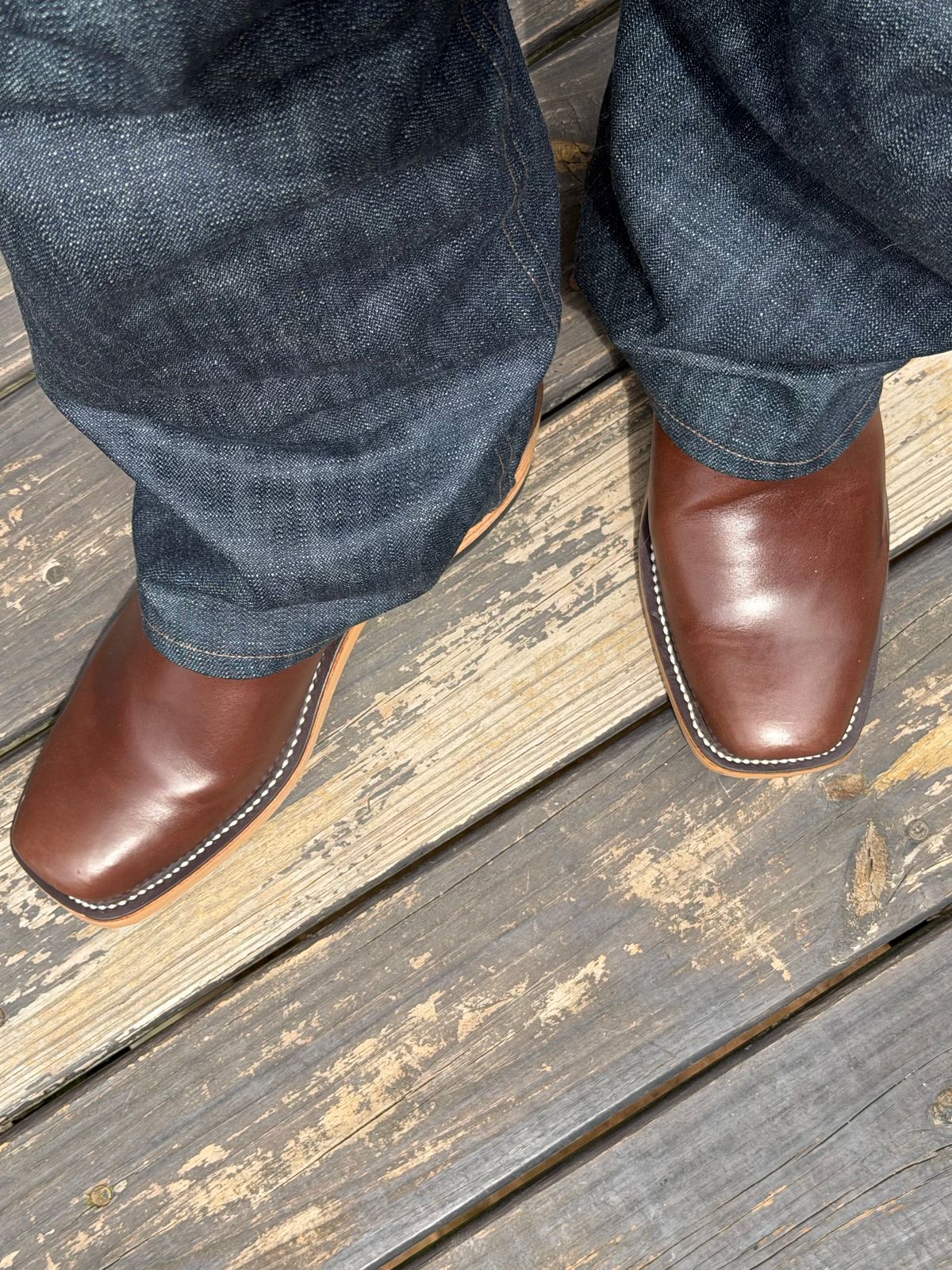 Photo by BigDawg308 on June 18, 2026 of the Olathe Boot Company Cutter Toe in Maryam Vachetta Walnut Horsebutt.