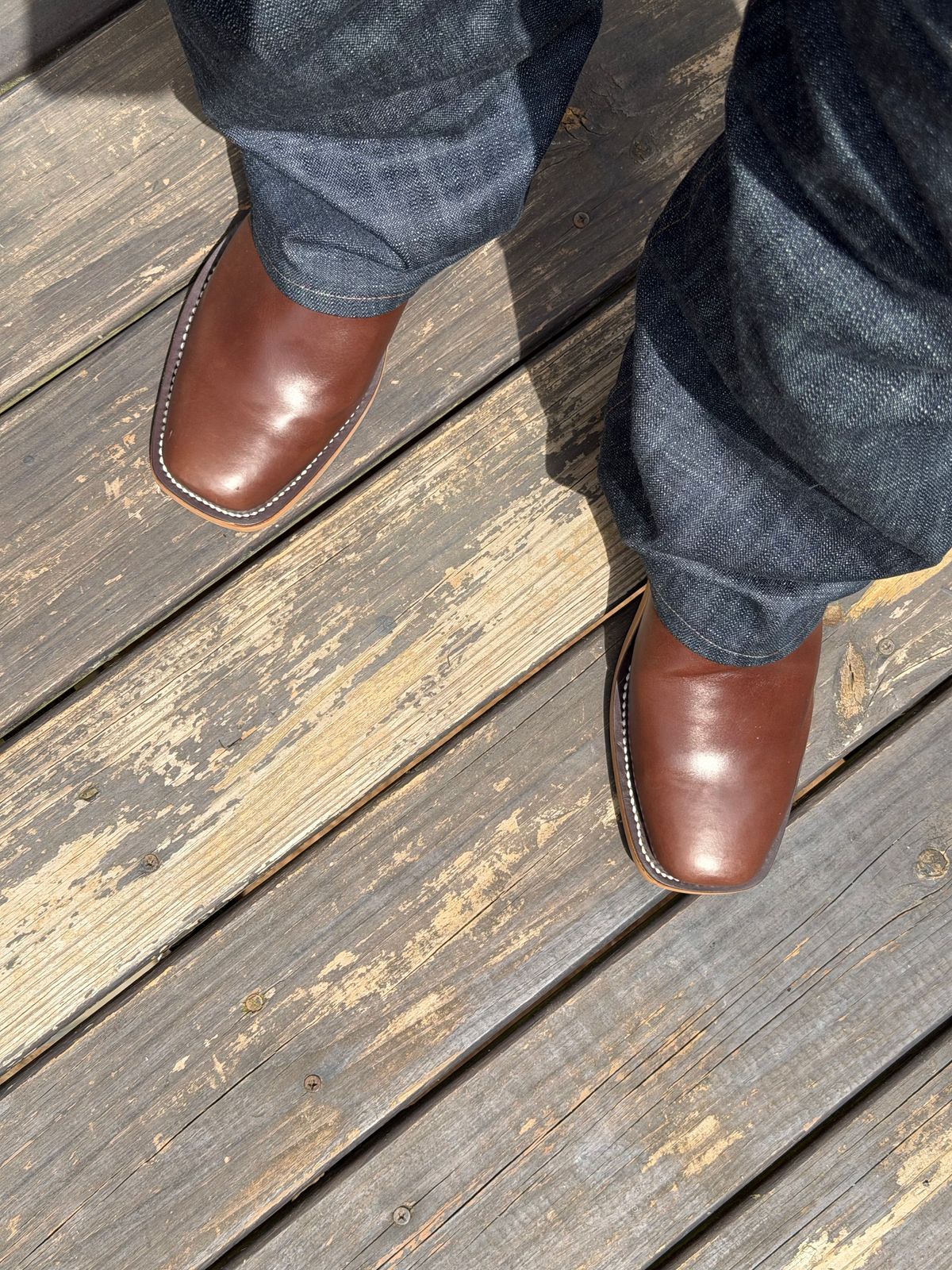 Photo by BigDawg308 on June 18, 2026 of the Olathe Boot Company Cutter Toe in Maryam Vachetta Walnut Horsebutt.