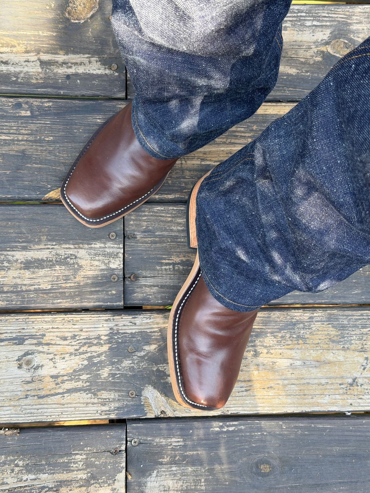 Photo by BigDawg308 on June 24, 2026 of the Olathe Boot Company Cutter Toe in Maryam Vachetta Walnut Horsebutt.