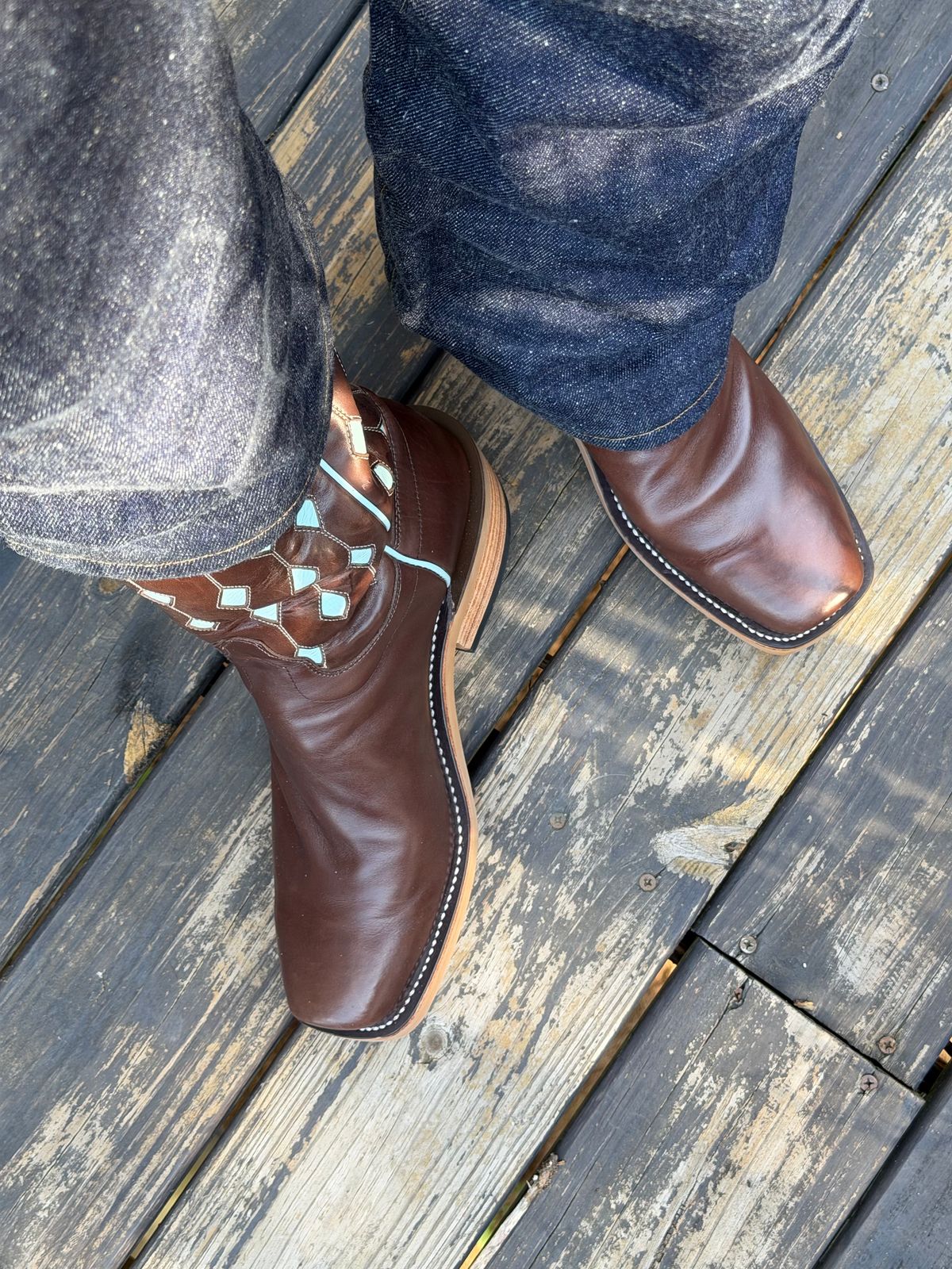 Photo by BigDawg308 on June 24, 2026 of the Olathe Boot Company Cutter Toe in Maryam Vachetta Walnut Horsebutt.